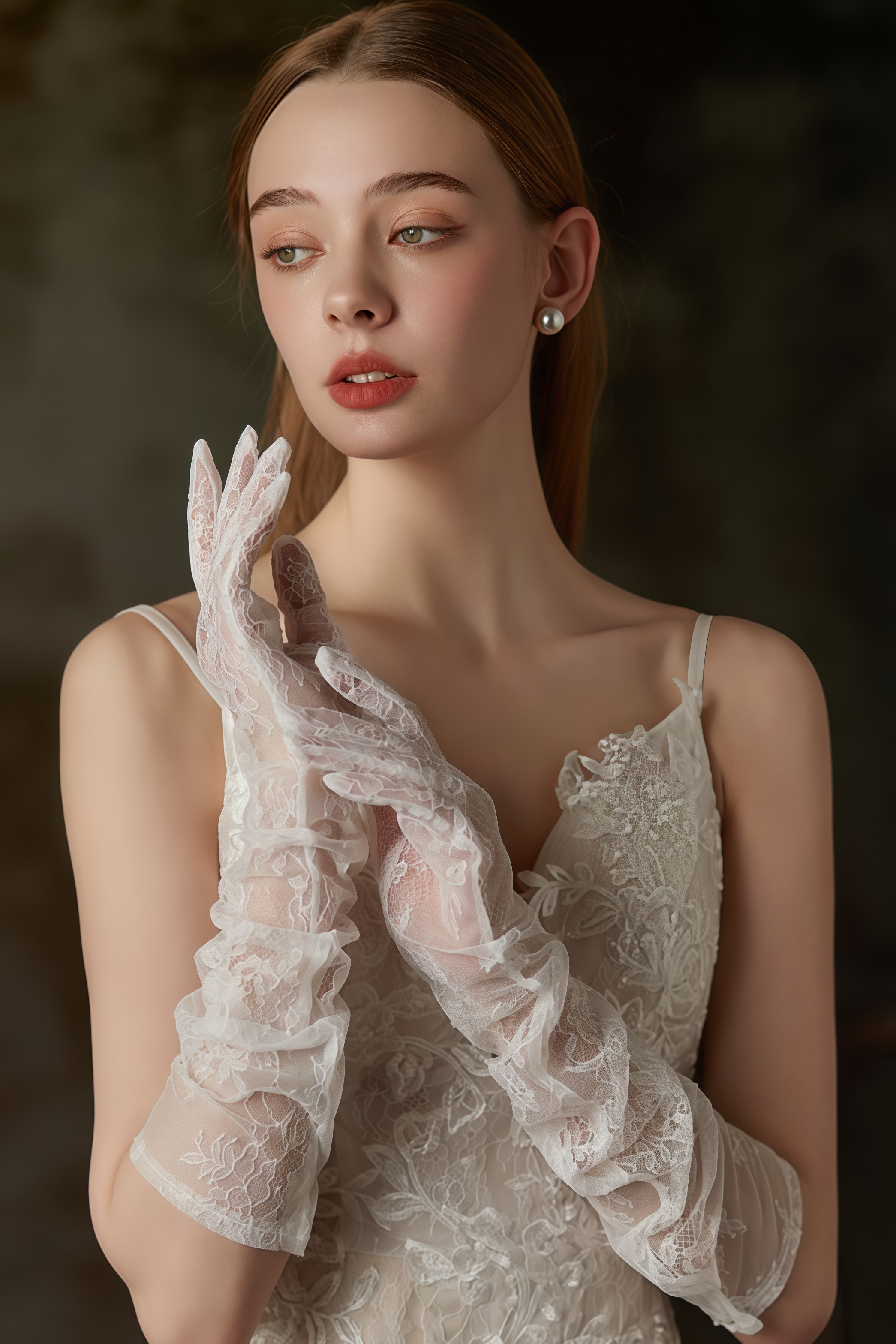 Therls Beige Long Chiffon Lace Gloves