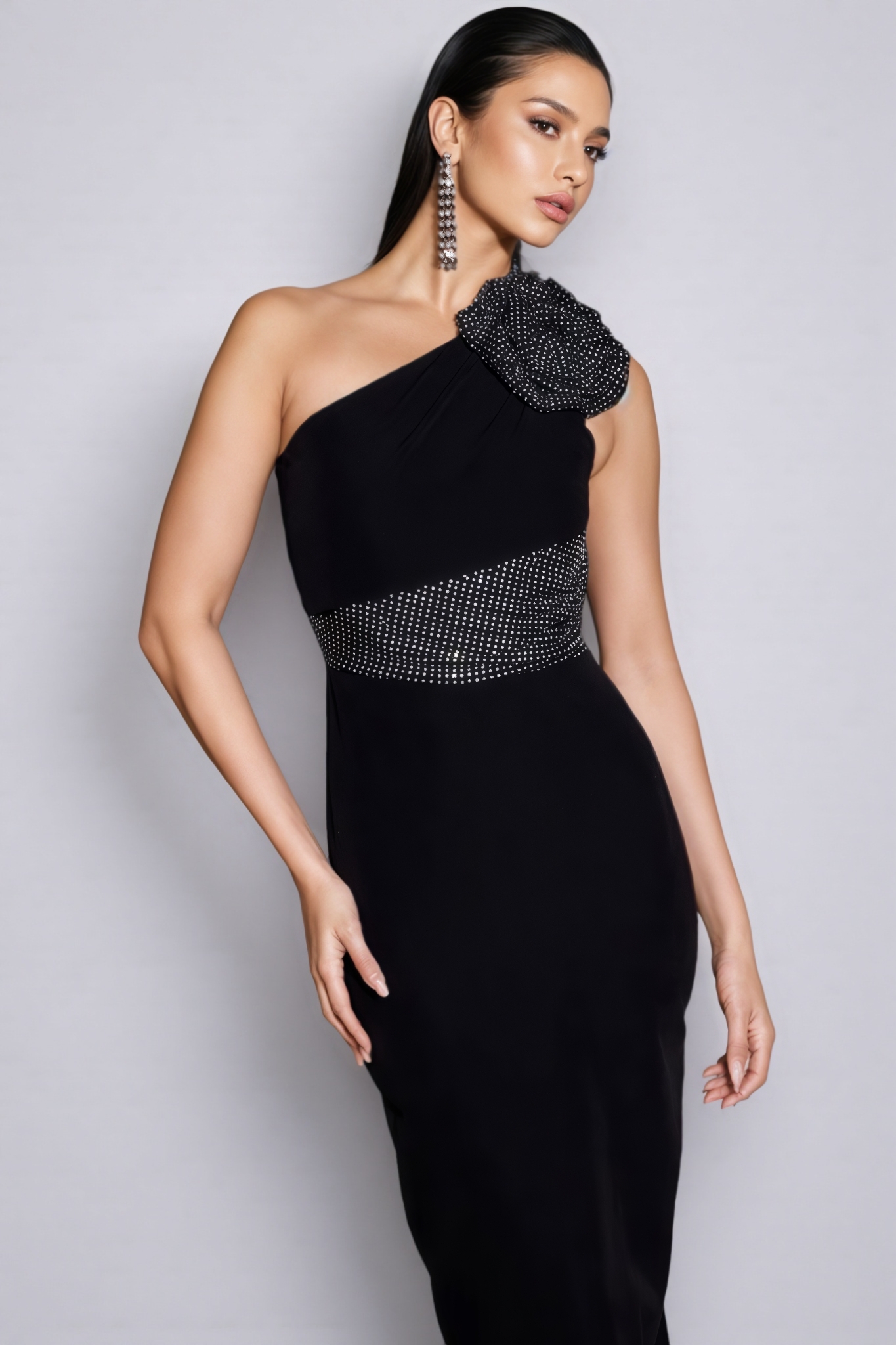 Xoelk Backless Rhinestone 3D Flower Maxi Dress