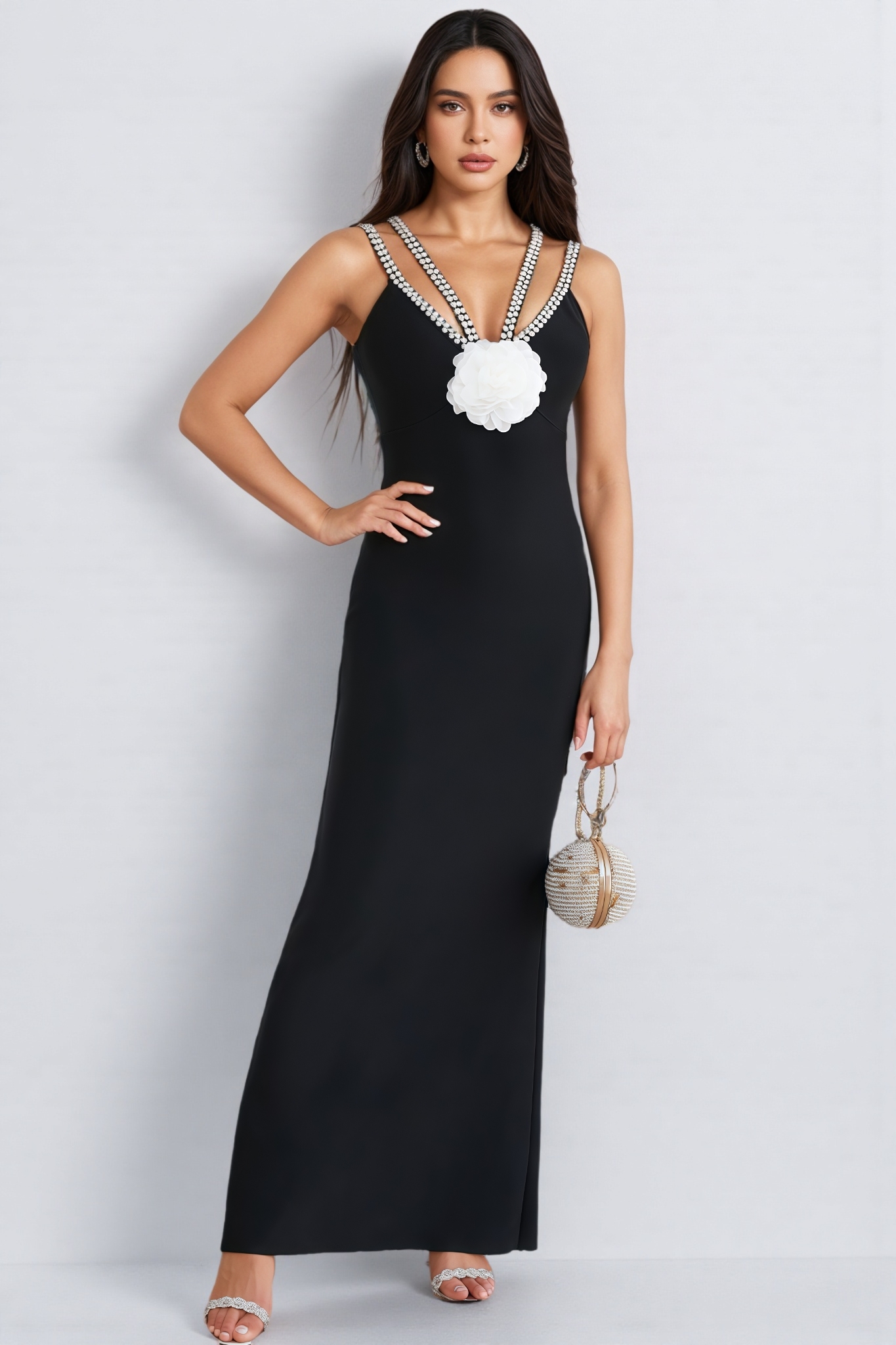Bexua Black 3D Floral Maxi Dress