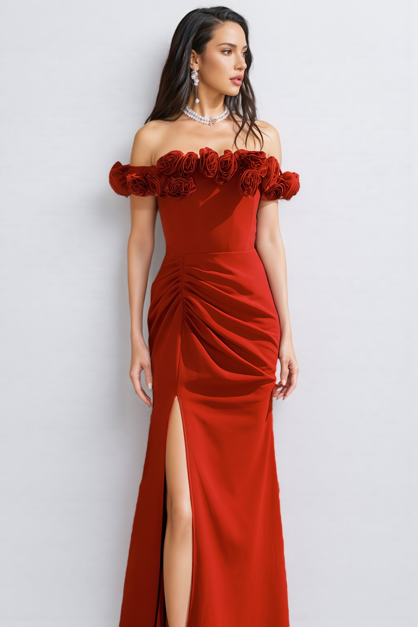 Lorins 3D Floral Red Fishtail Maxi Dress