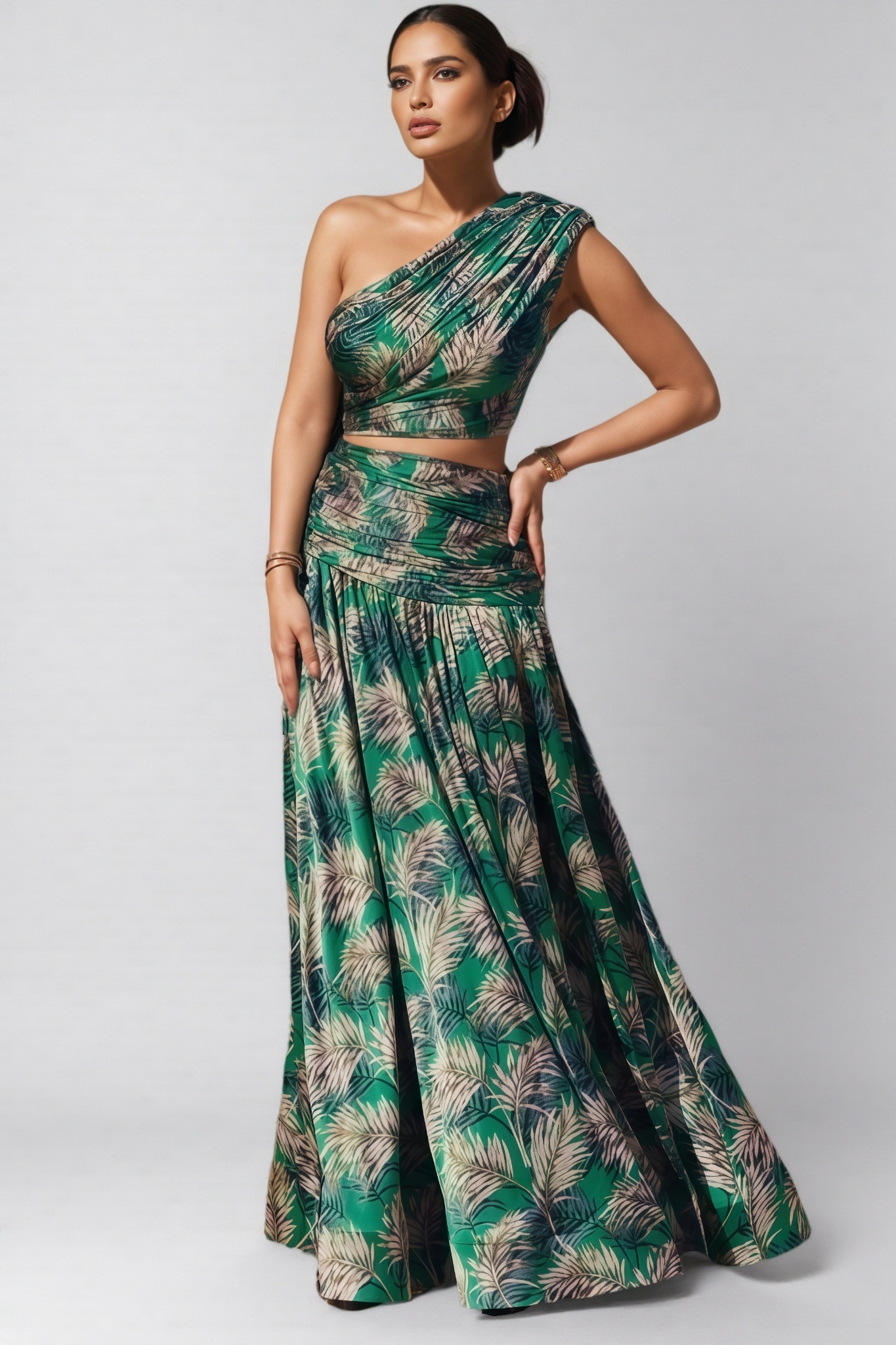 Dritad Green One-Shoulder Slit Maxi Dress Set
