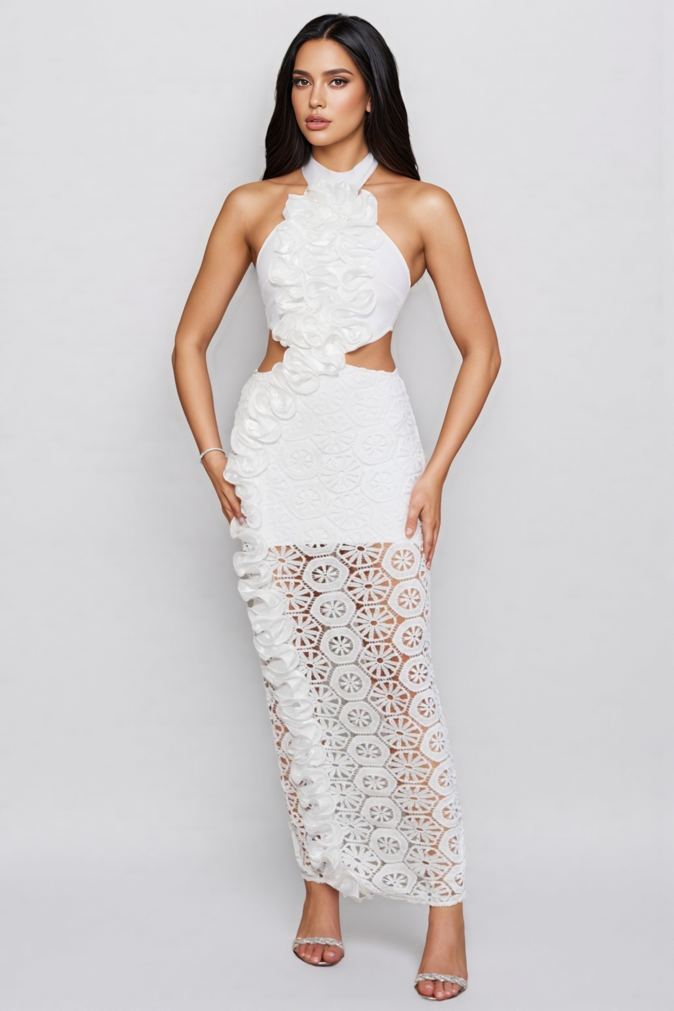 Vedilk 3D Lace Openwork Ruffled Maxi Dress