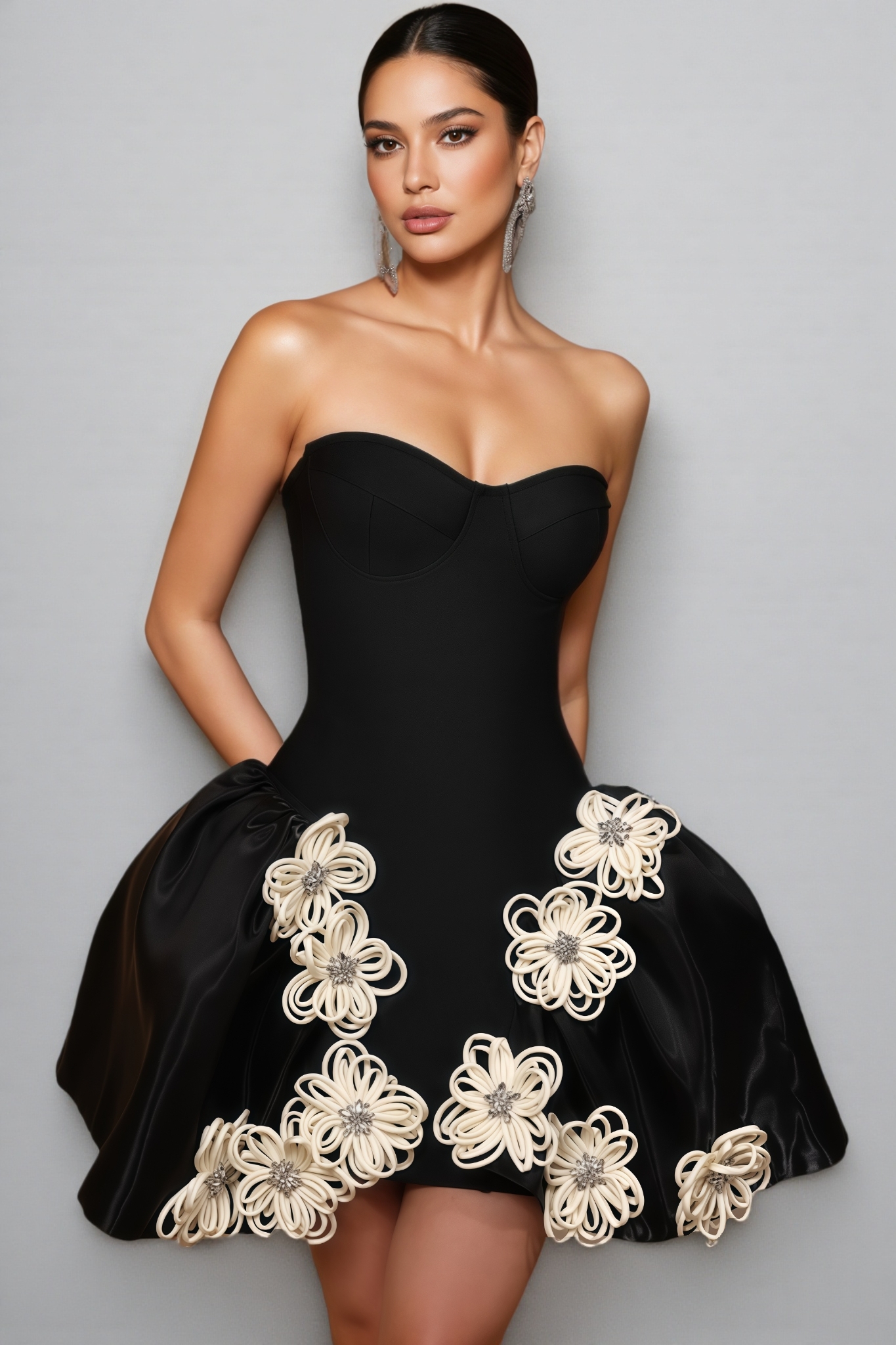 Merfd Black Strapless Puffy Mini Dress