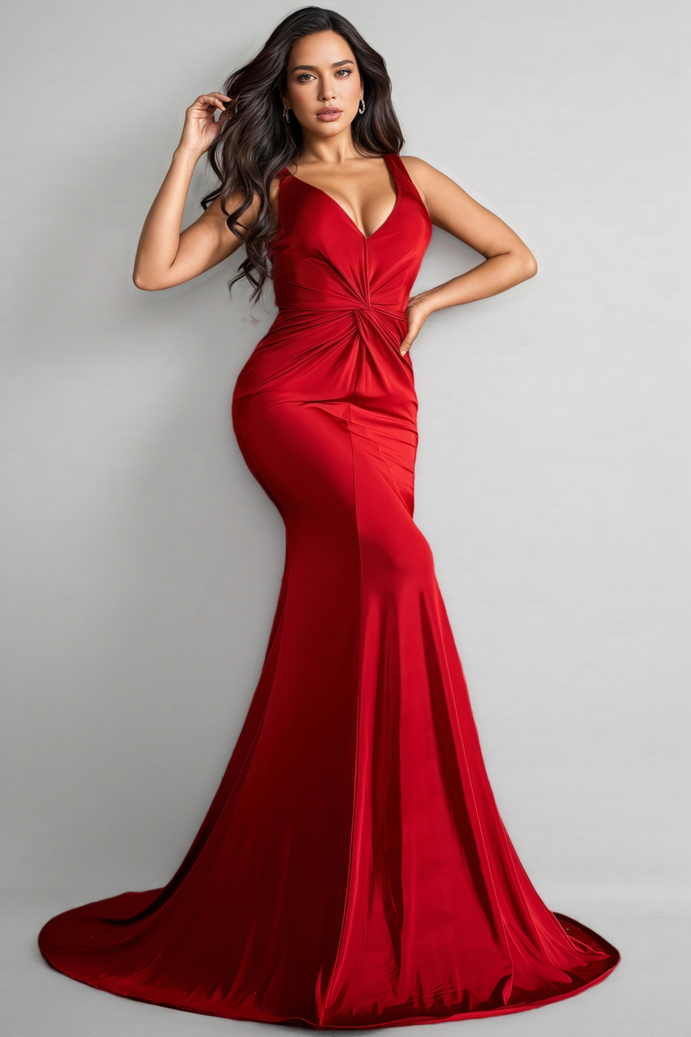 Kylis Red V-neck Fishtail Maxi Dress