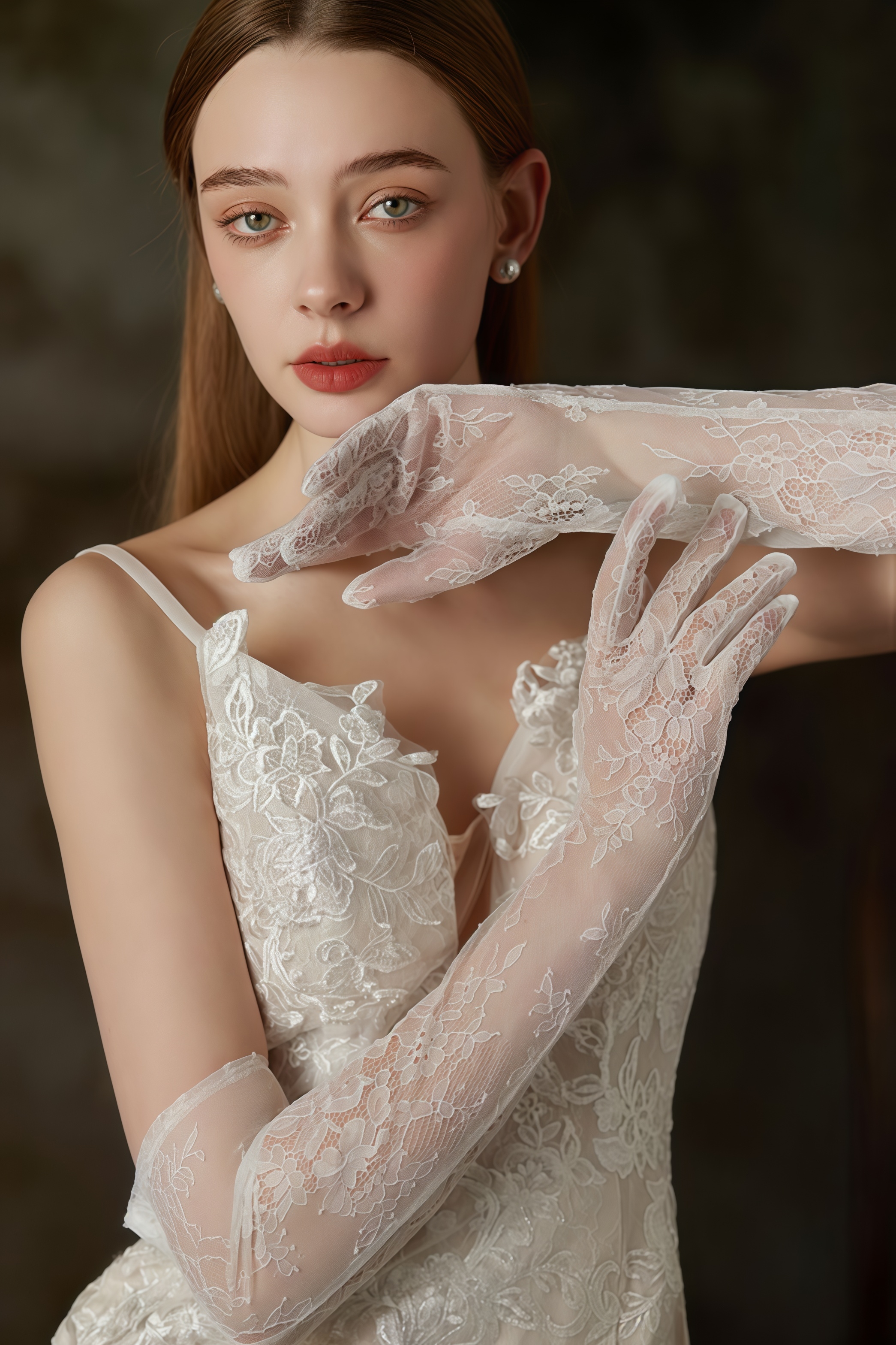 Therls Beige Long Chiffon Lace Gloves