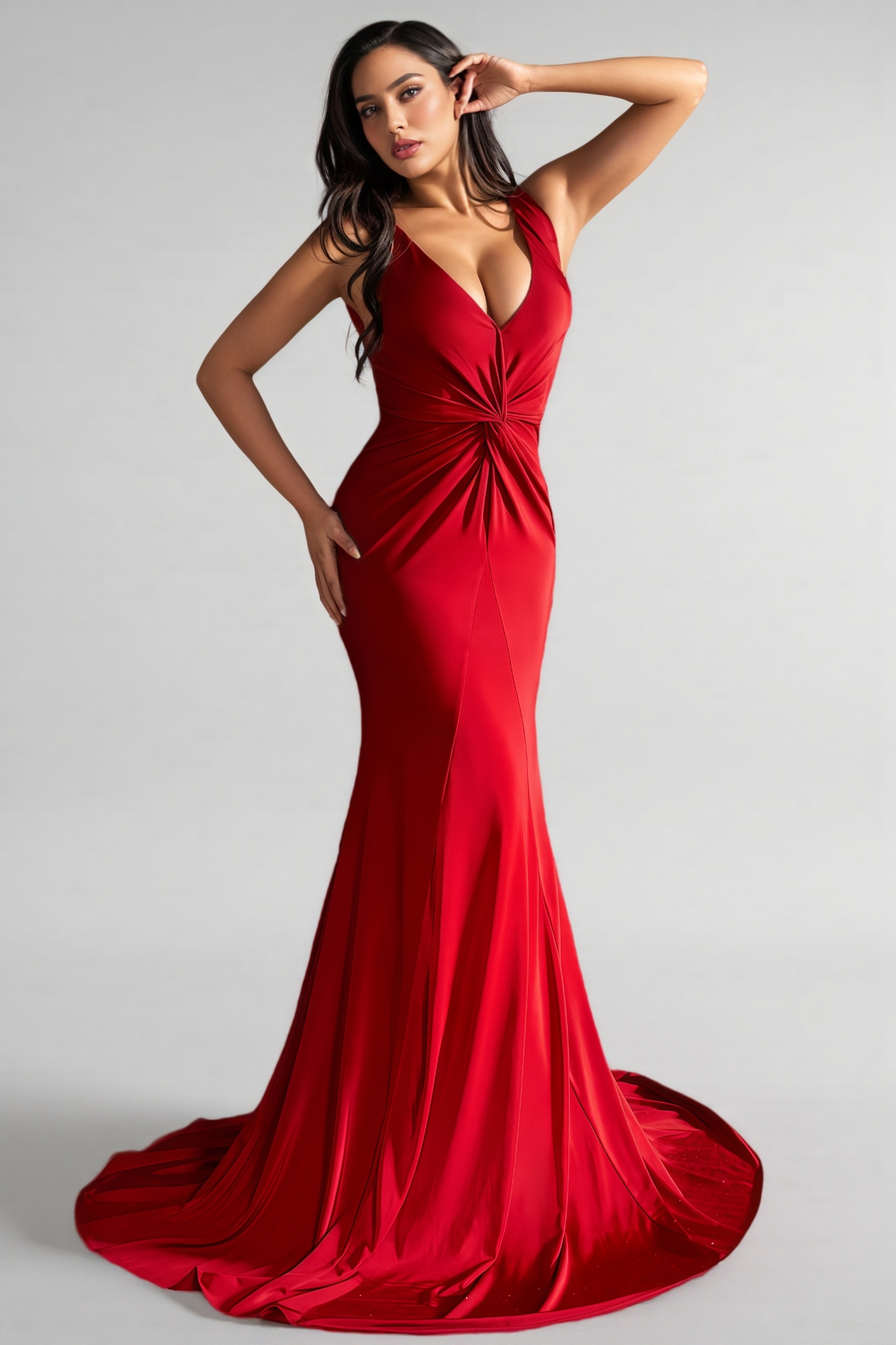 Kylis Red V-neck Fishtail Maxi Dress
