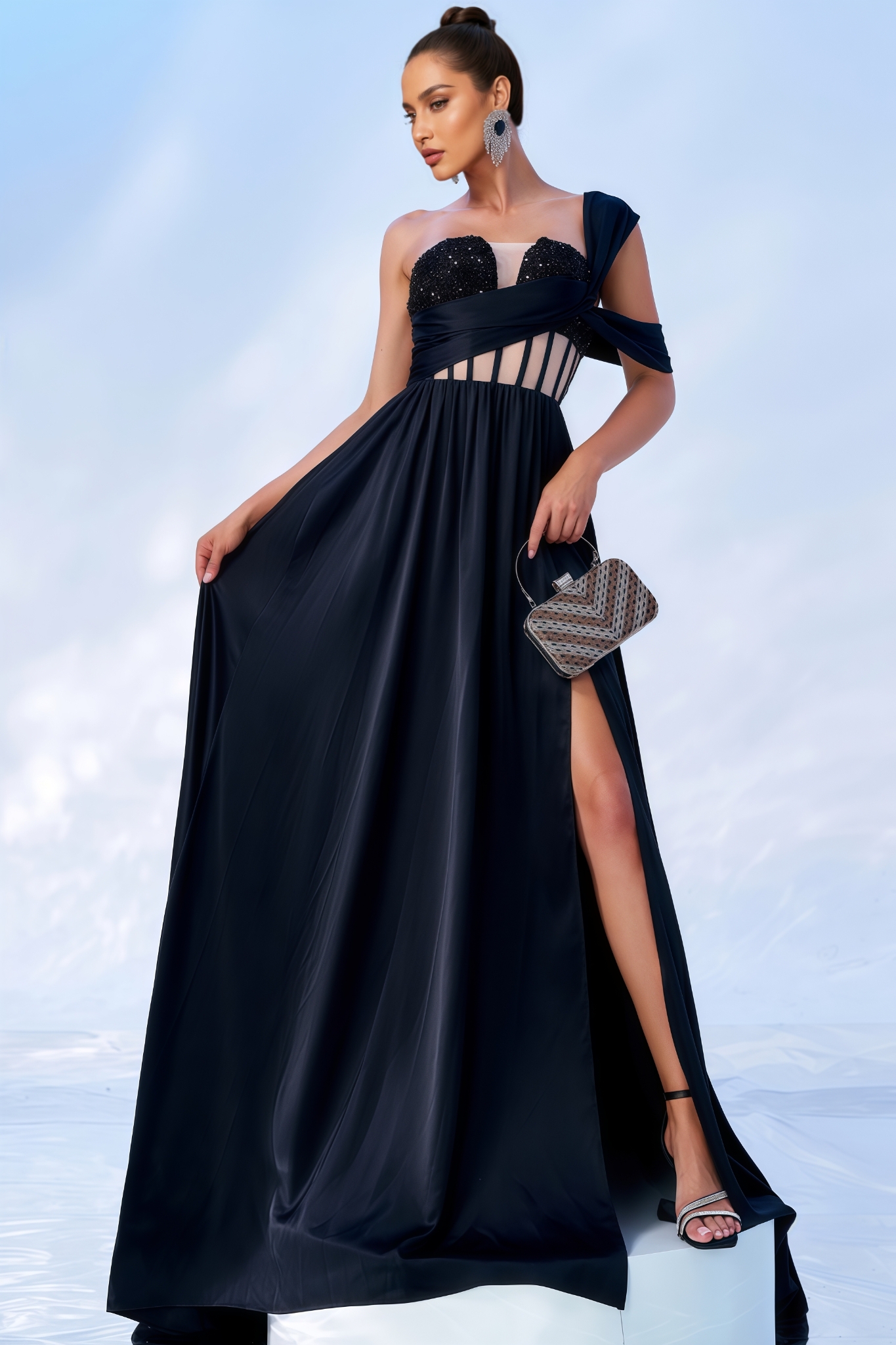 Levia Single Shoulder Sequin Slit Maxi Dress