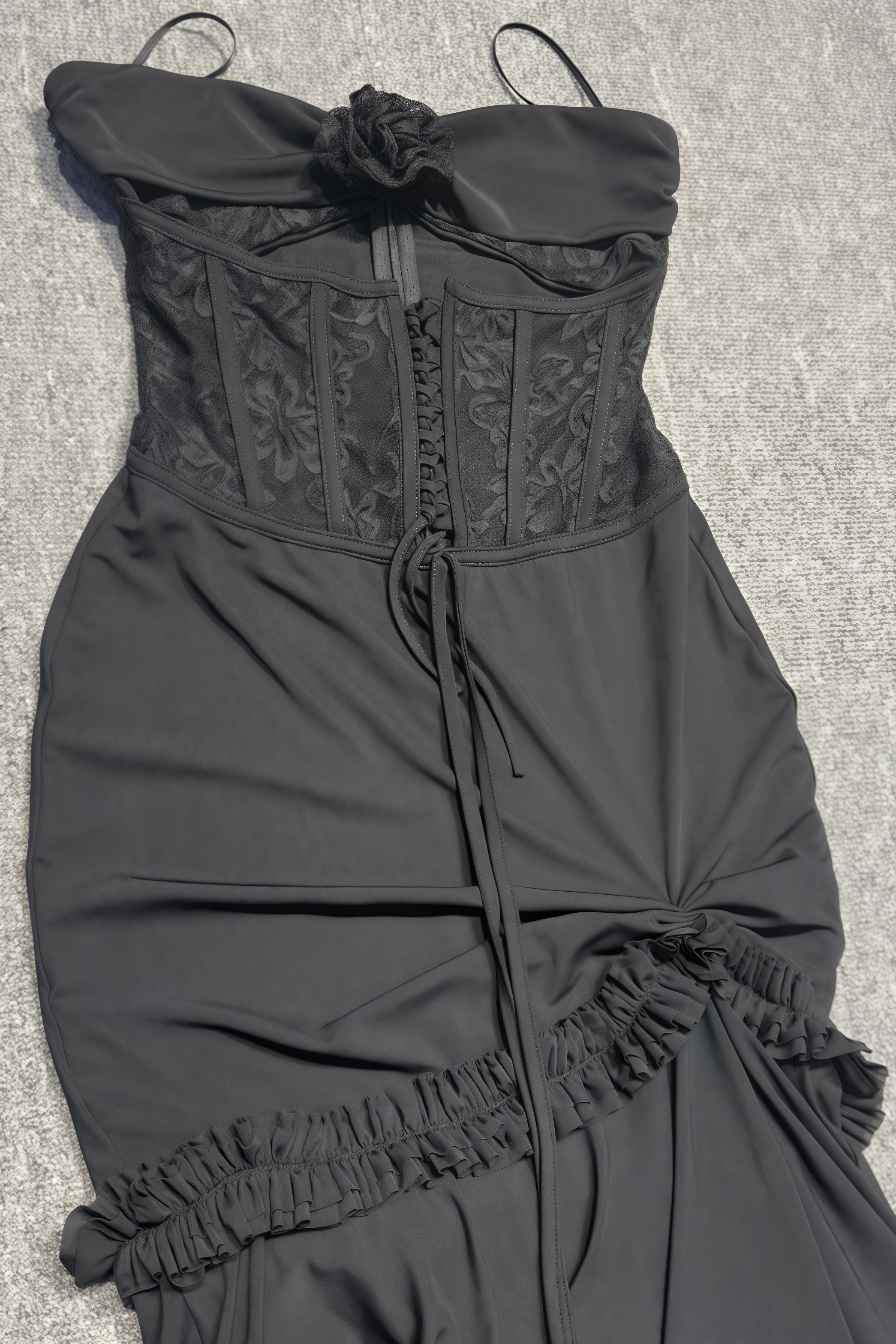 Rykelf Black Embroidered 3D Flower Maxi Dress