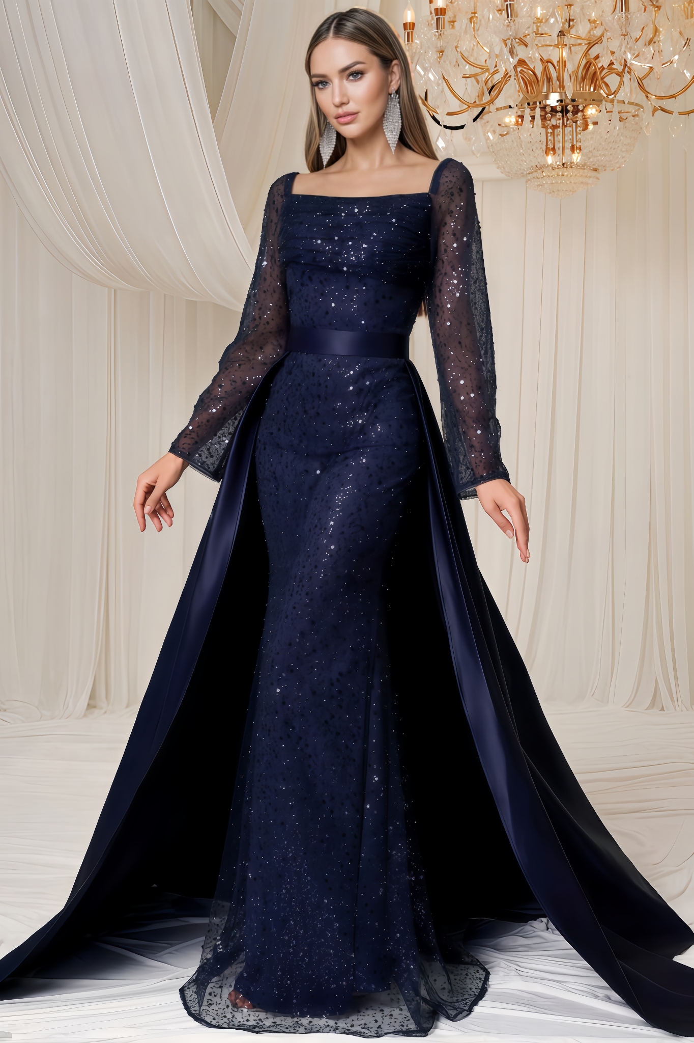 Jonilt Sequin Cape Detachable Two-Piece Maxi Dress