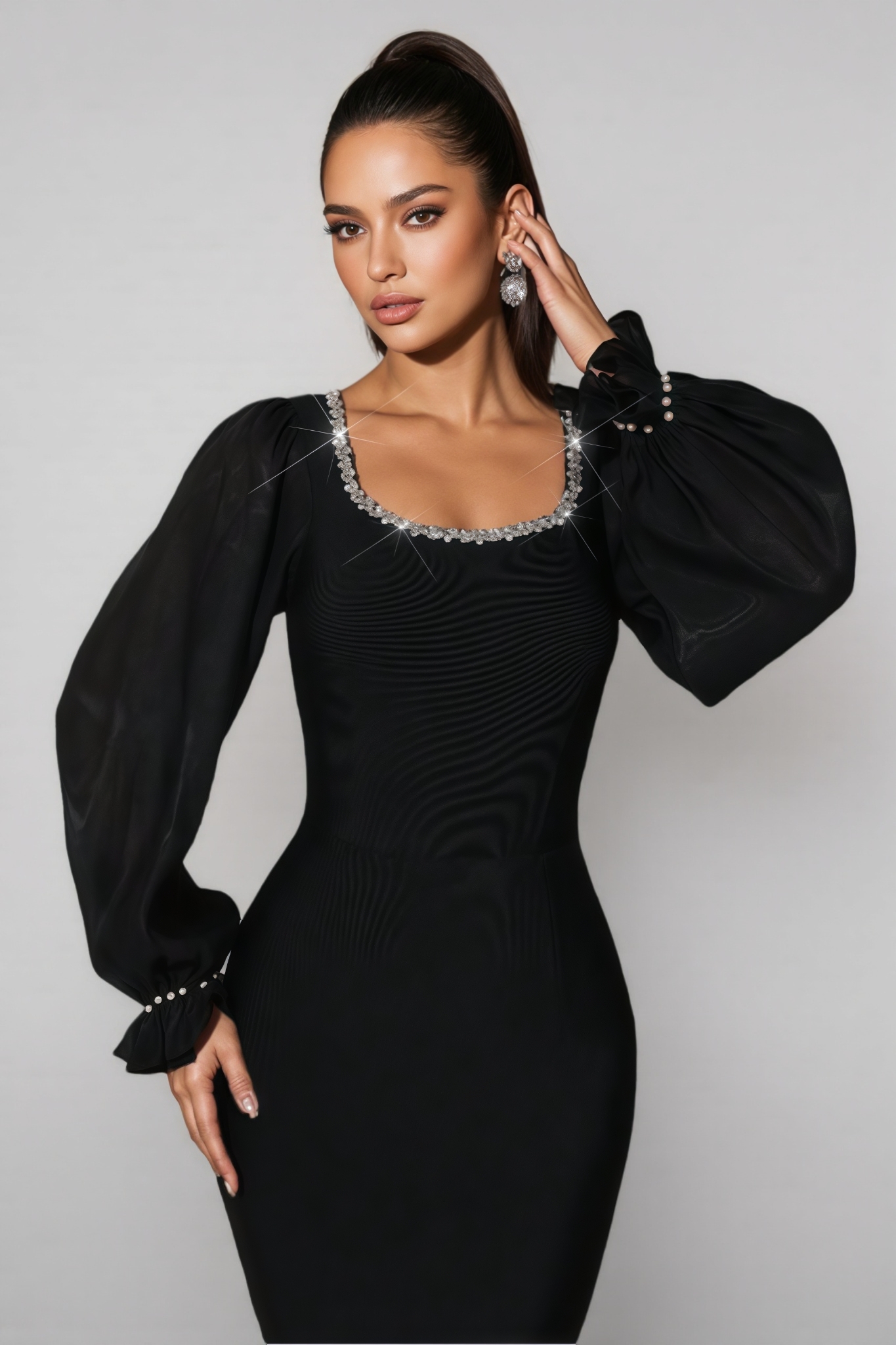 Thariy Black Square Neck Rhinestone Maxi Dress