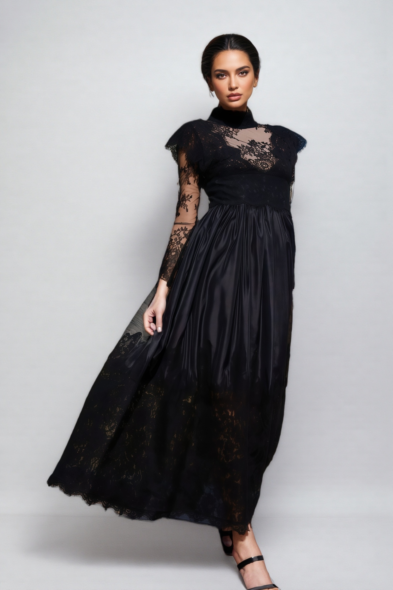 Milda Black Floral Lace Stitching Maxi Dress