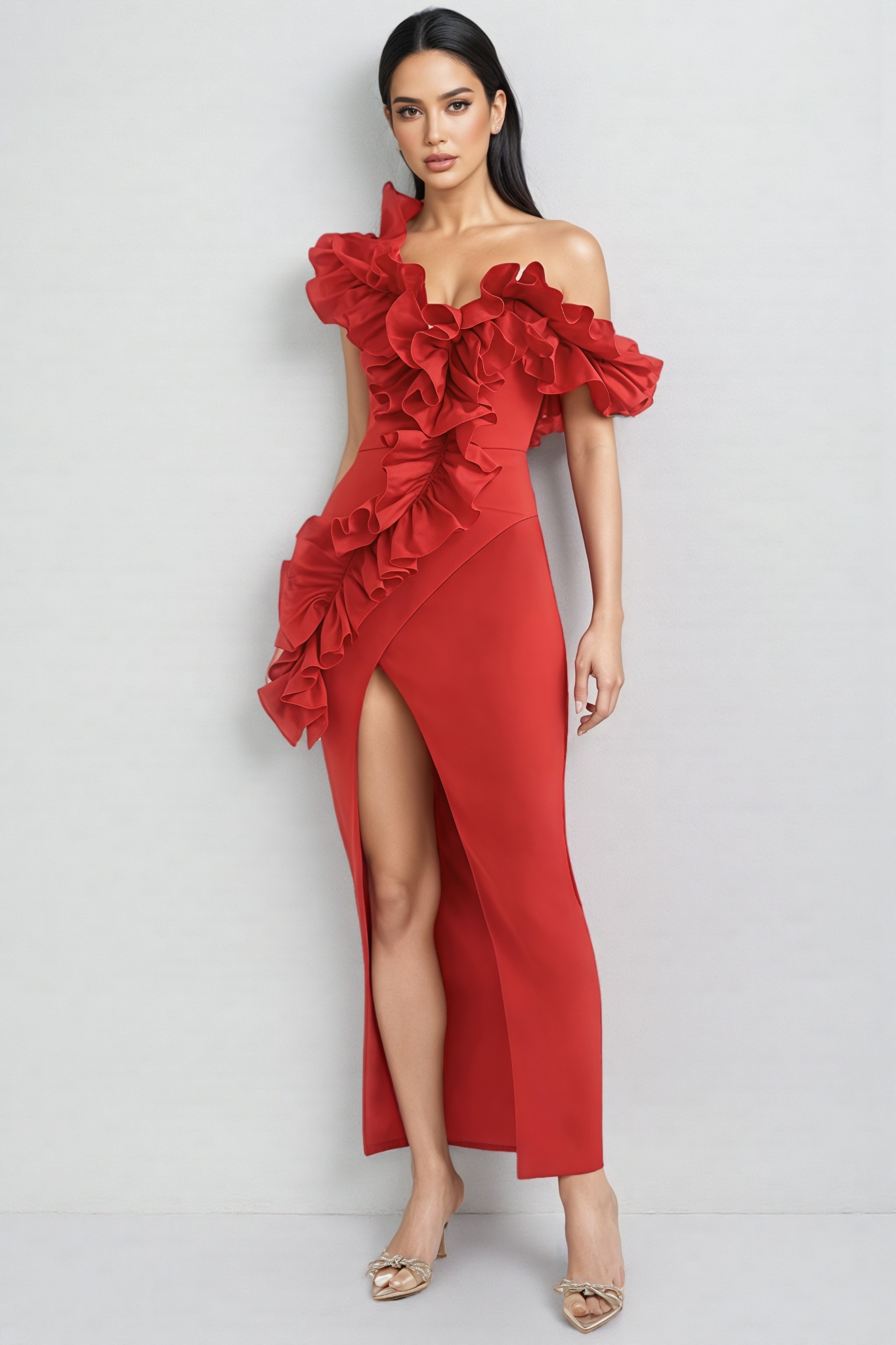 Natal Red Ruffled Slit Maxi Dress