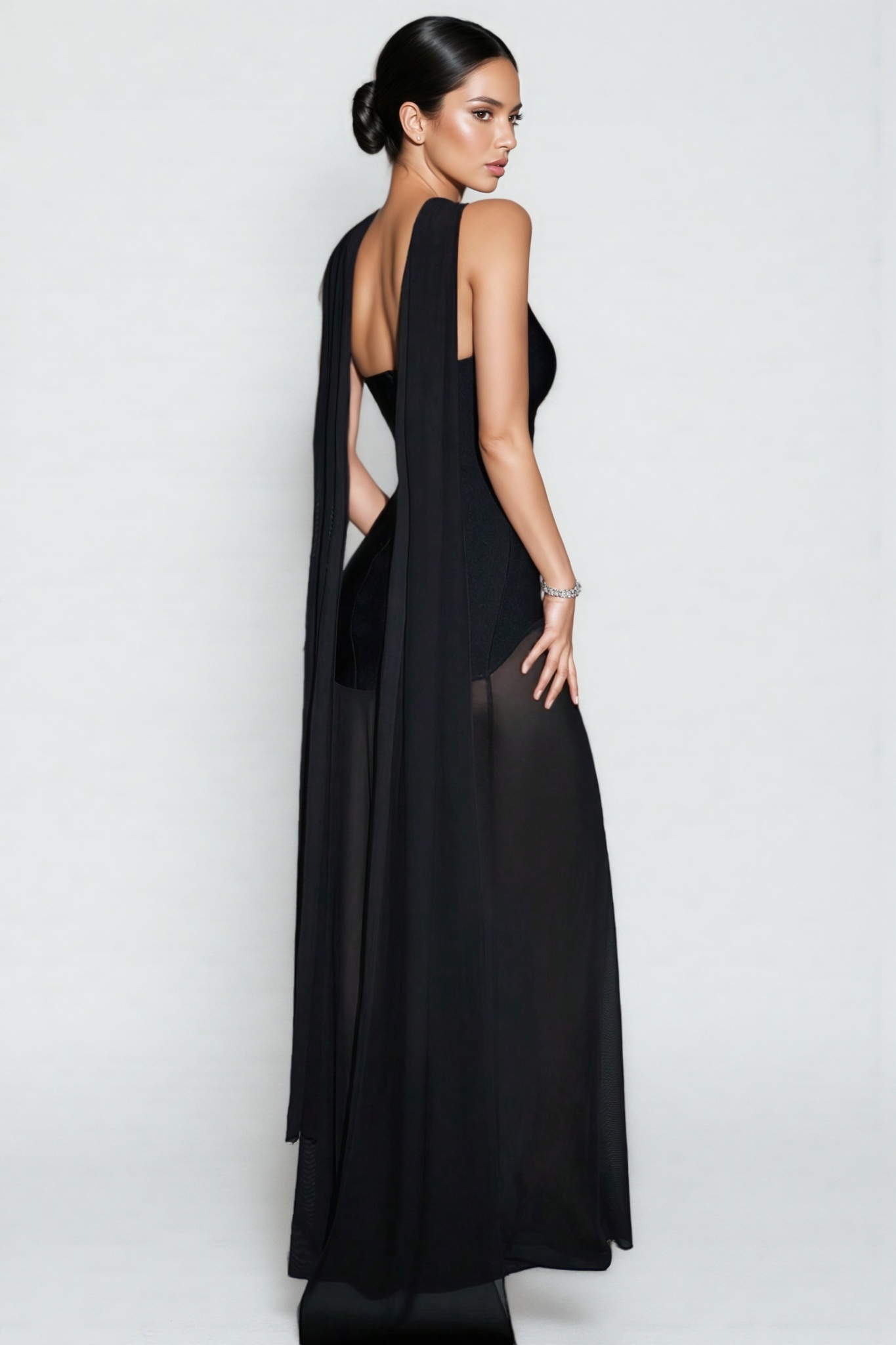 Urselk Black Mesh Bandage Maxi Dress