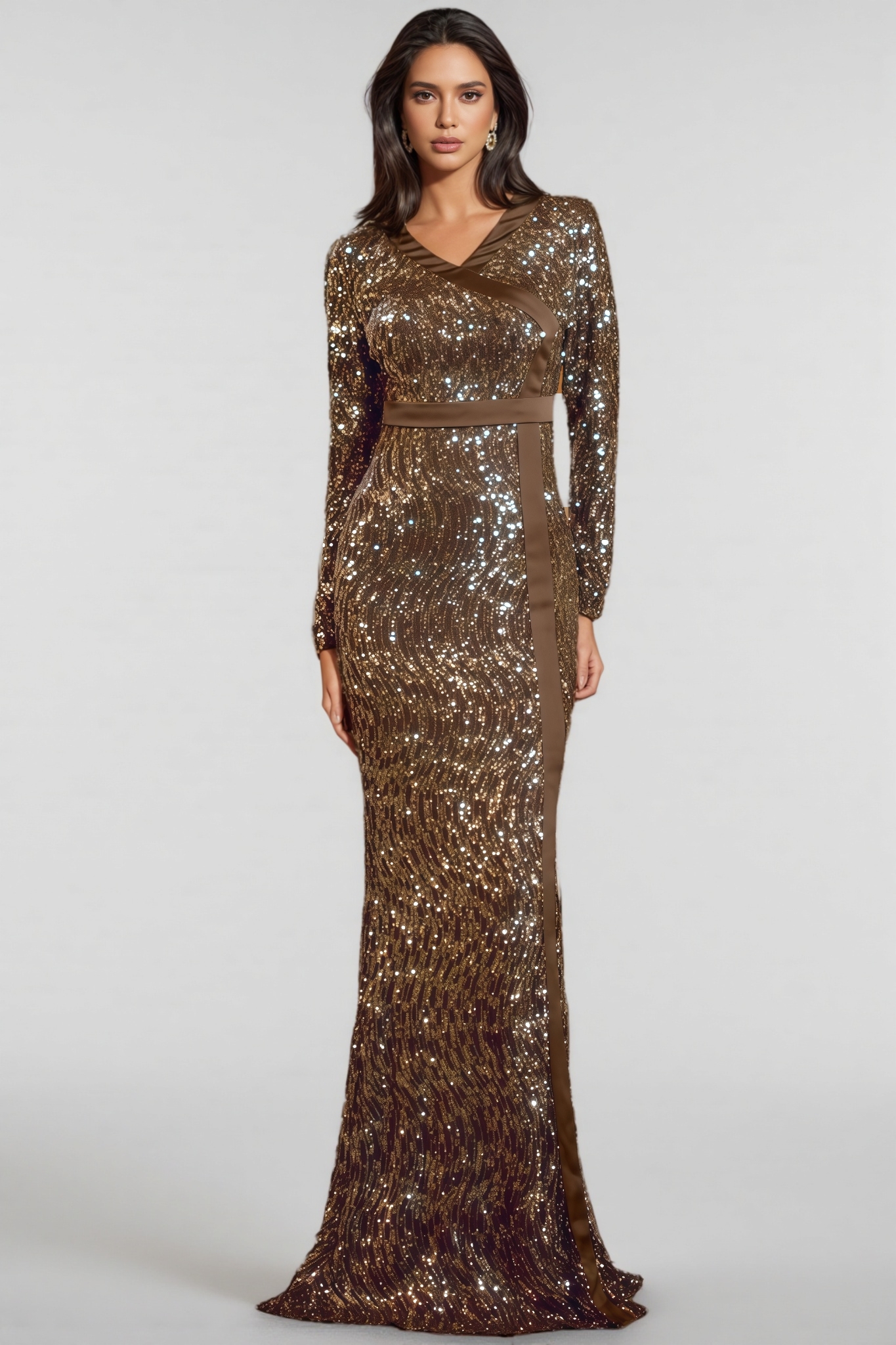 Lirrke V-Neck Bodycon Sequined Maxi Dress
