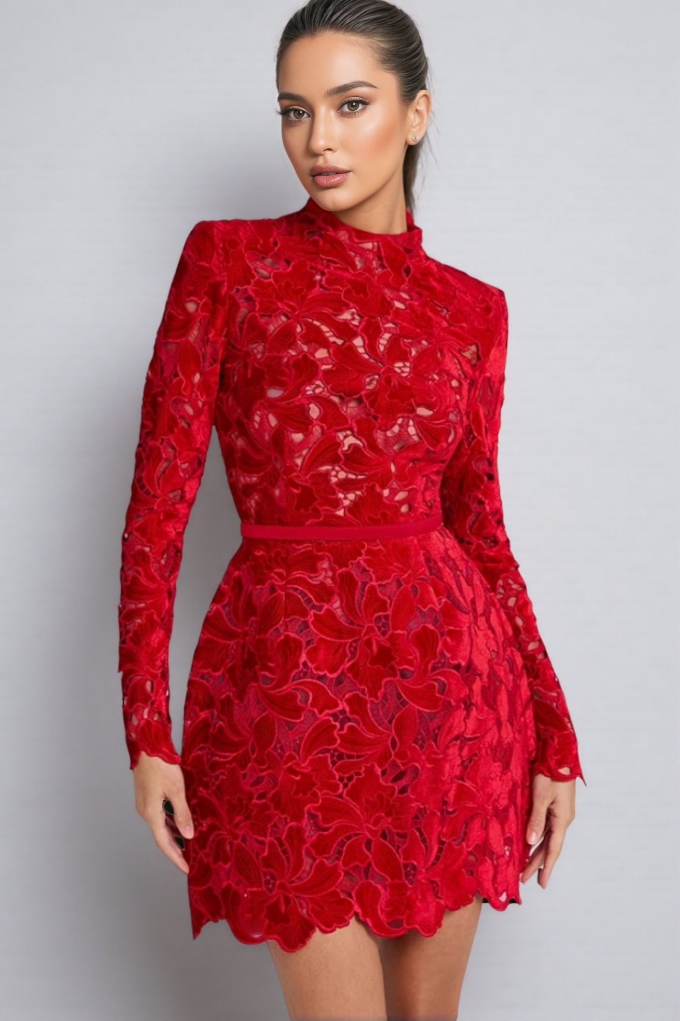 Beni Long Sleeve Lace Mini Dress-Red