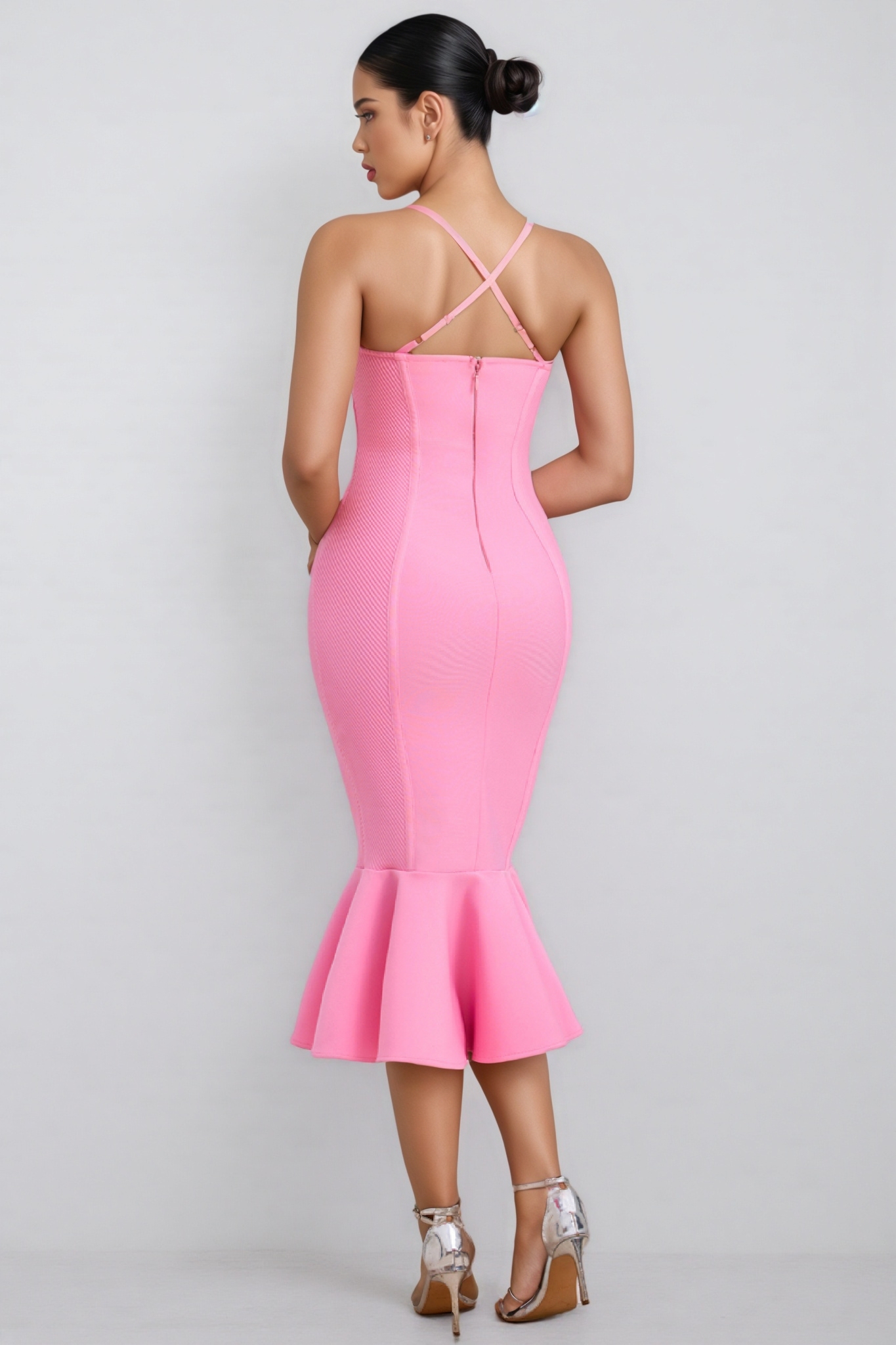 Nita Pink Strappy Fishtail Bandage Midi Dress