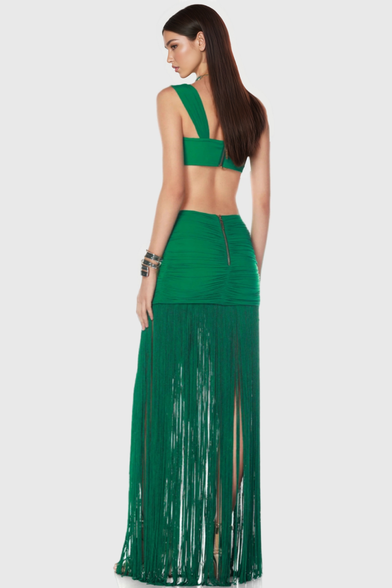 High-waisted Strappy Fringed Maxi Dress