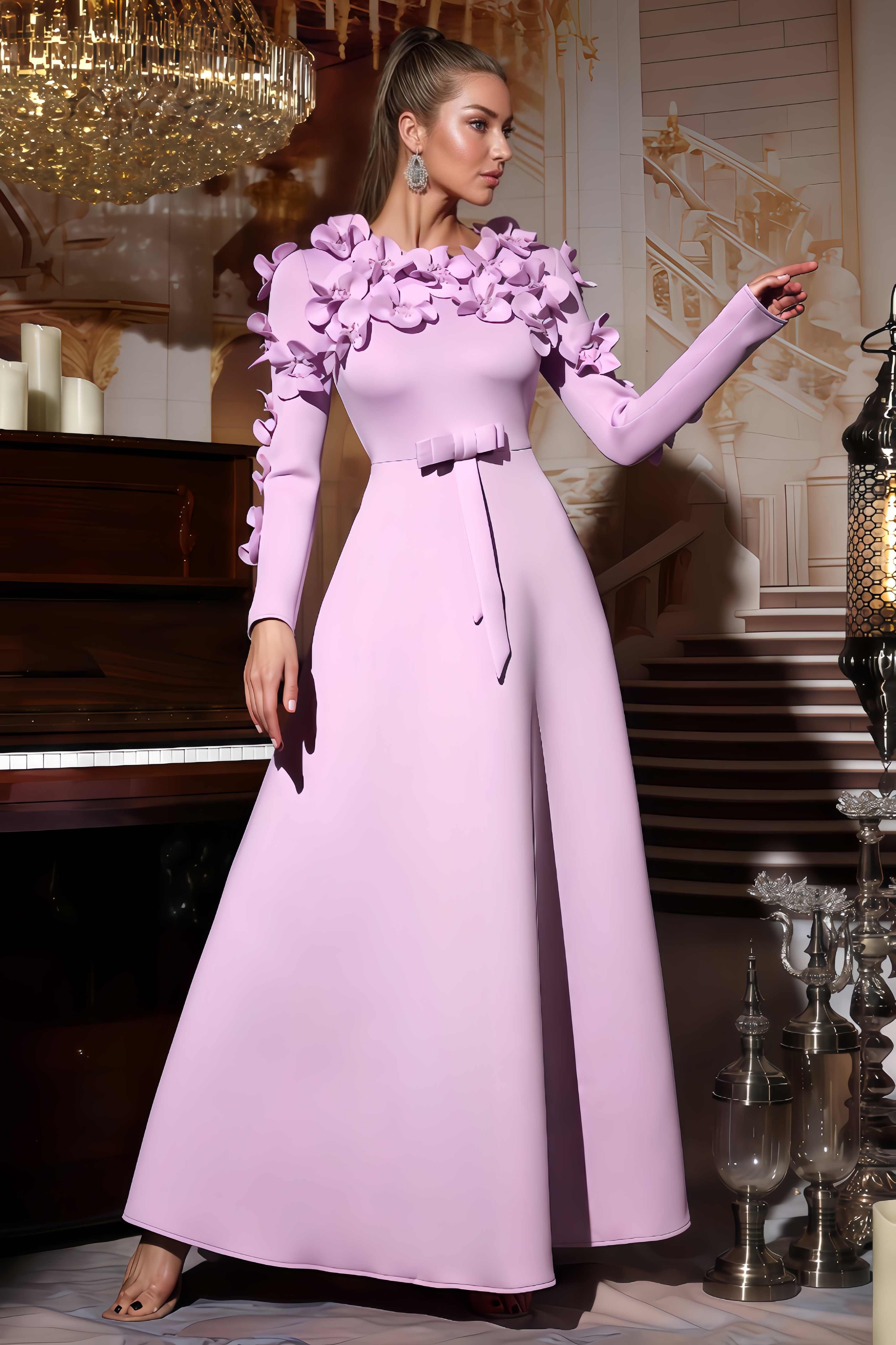 Xiacly 3D Floral Round-Neck Maxi Dress