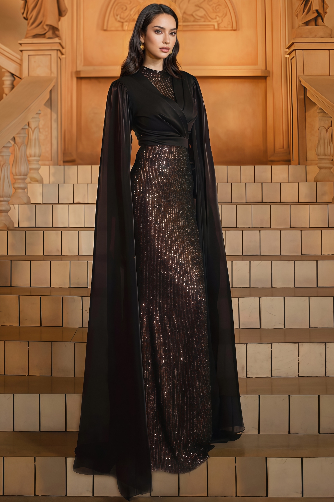 Mirt Black Round Neck Sequin Maxi Dress