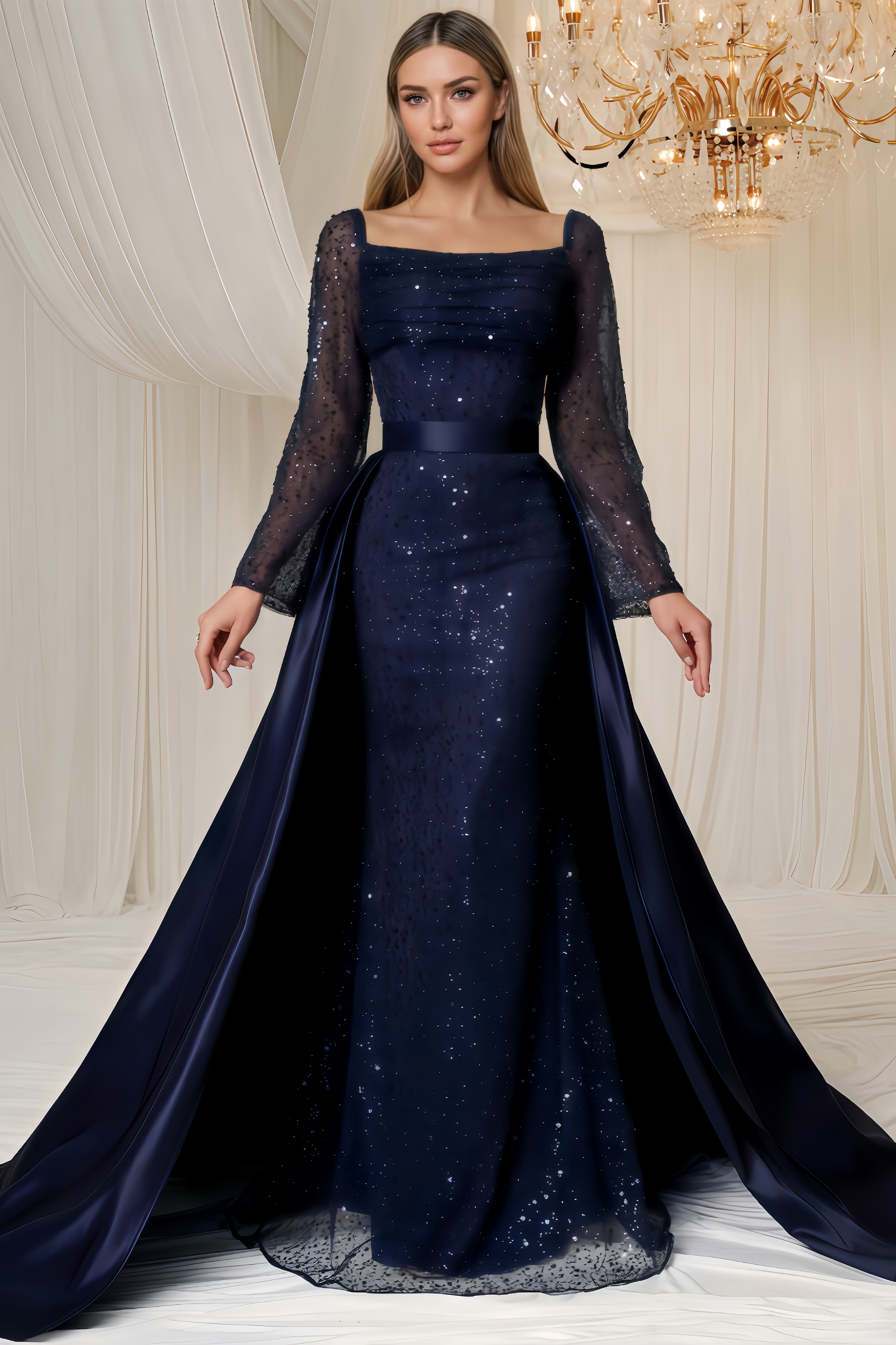 Jonilt Sequin Cape Detachable Two-Piece Maxi Dress