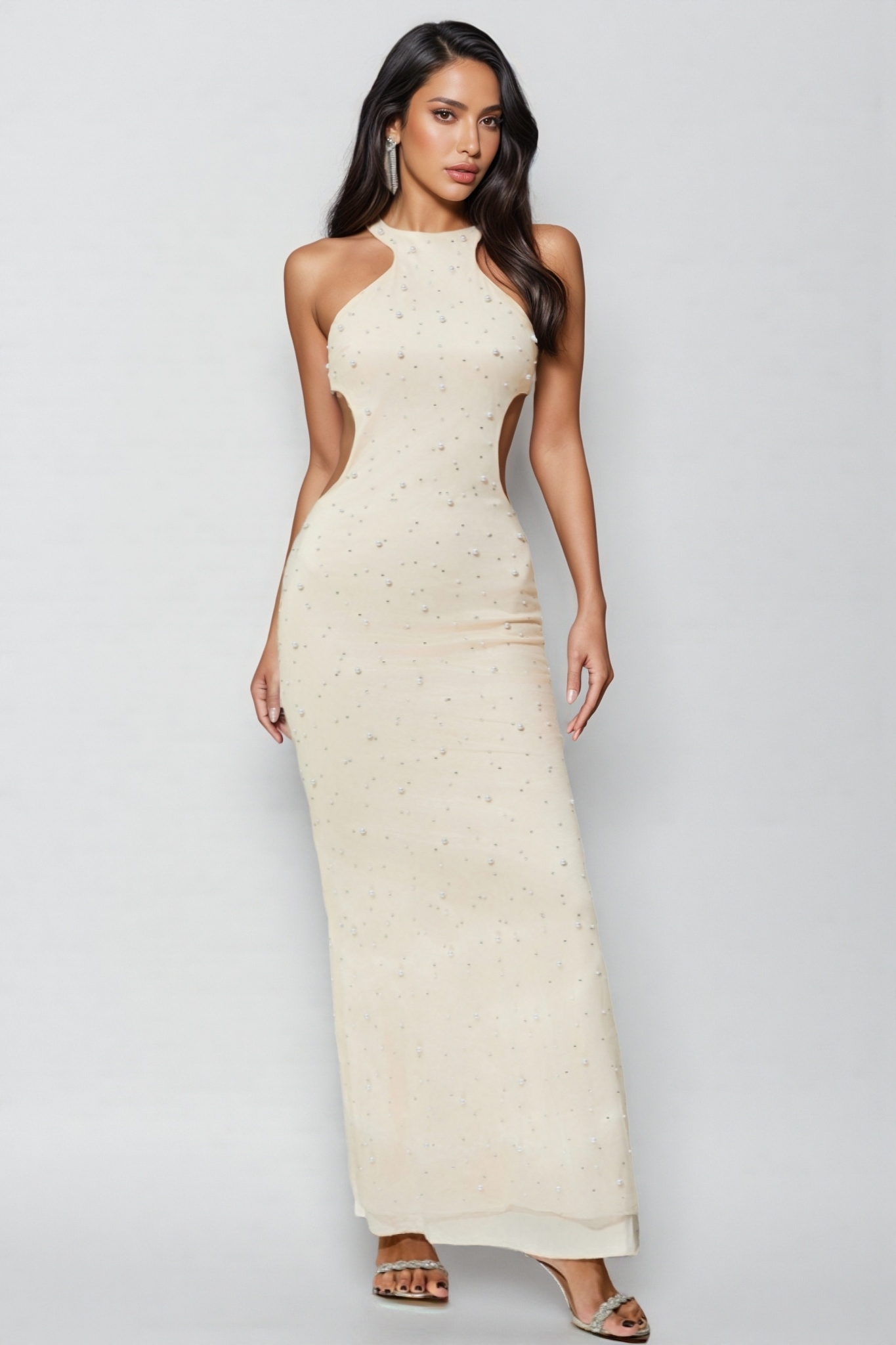 Brucese Neckless Backless Beaded Maxi Dress