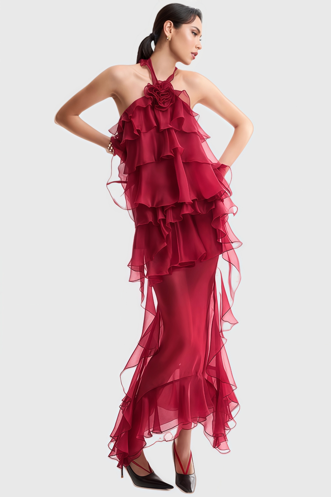 Roalk Red Ruffled 3D Flower Maxi Dress