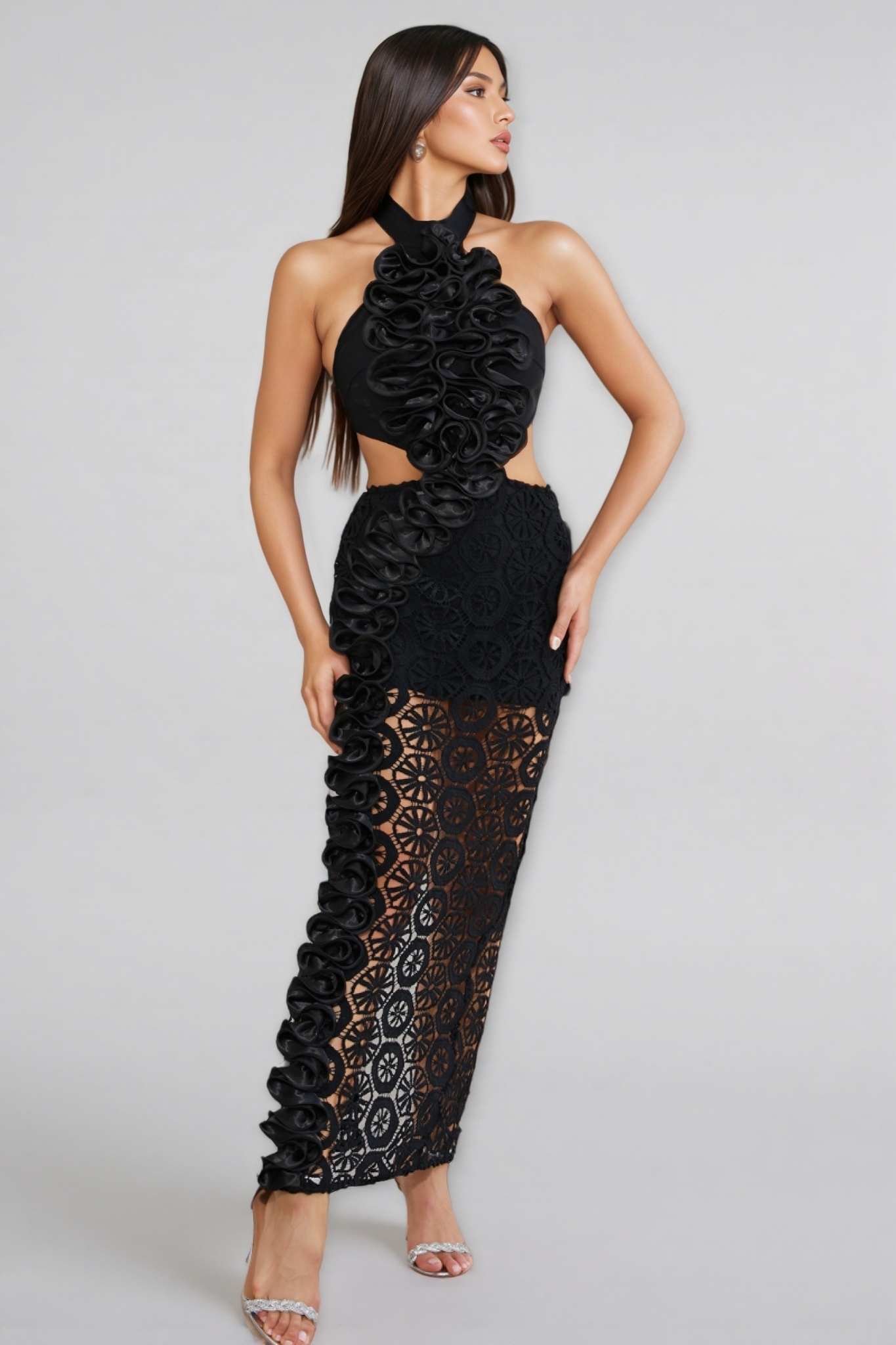 Yanld Black 3D Lace Ruffled Maxi Dress