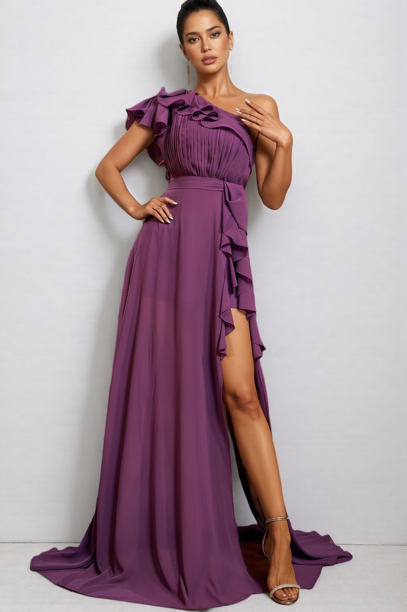 Autuk Chiffon Lace Split Maxi Dress