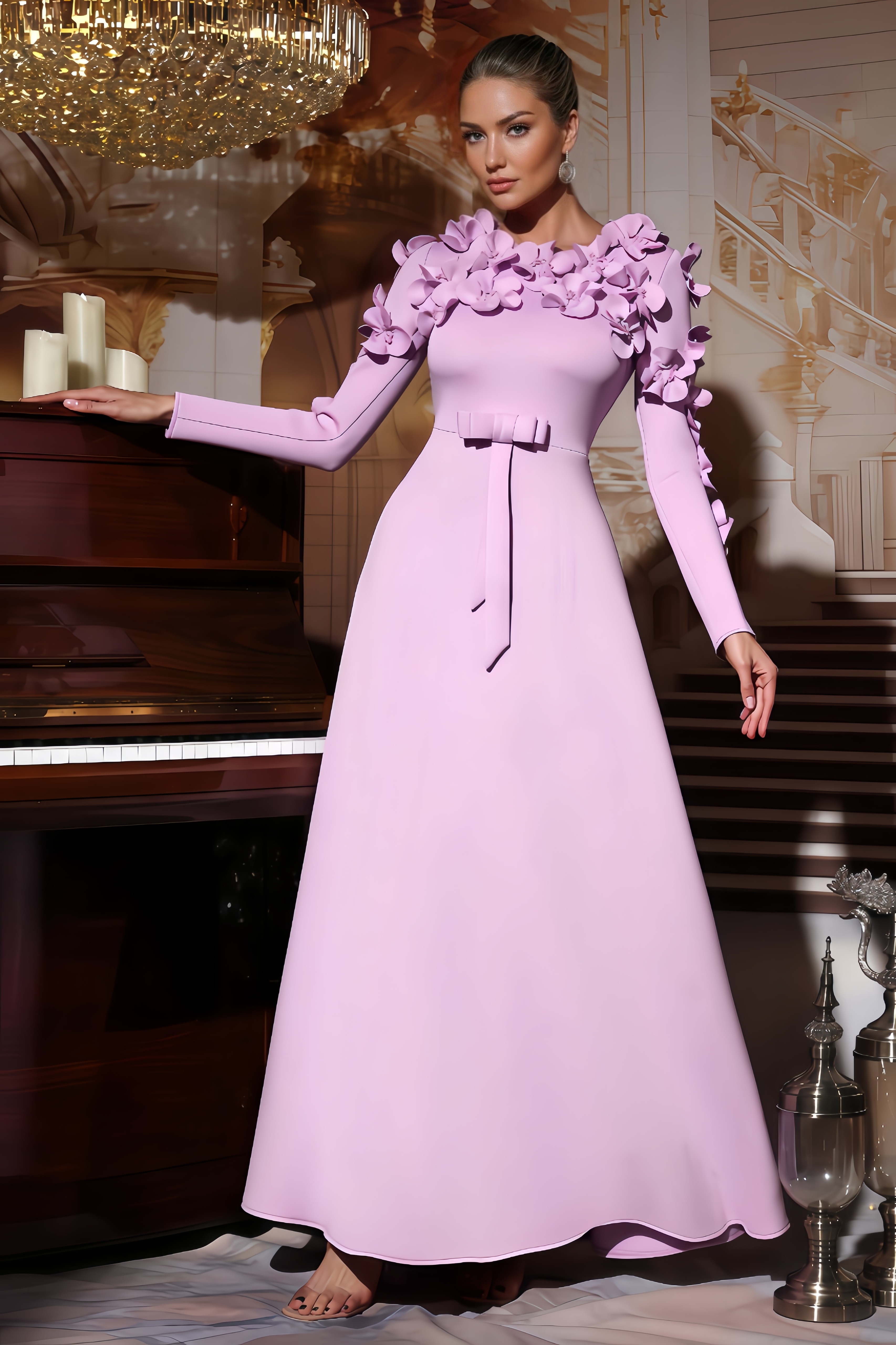 Xiacly 3D Floral Round-Neck Maxi Dress