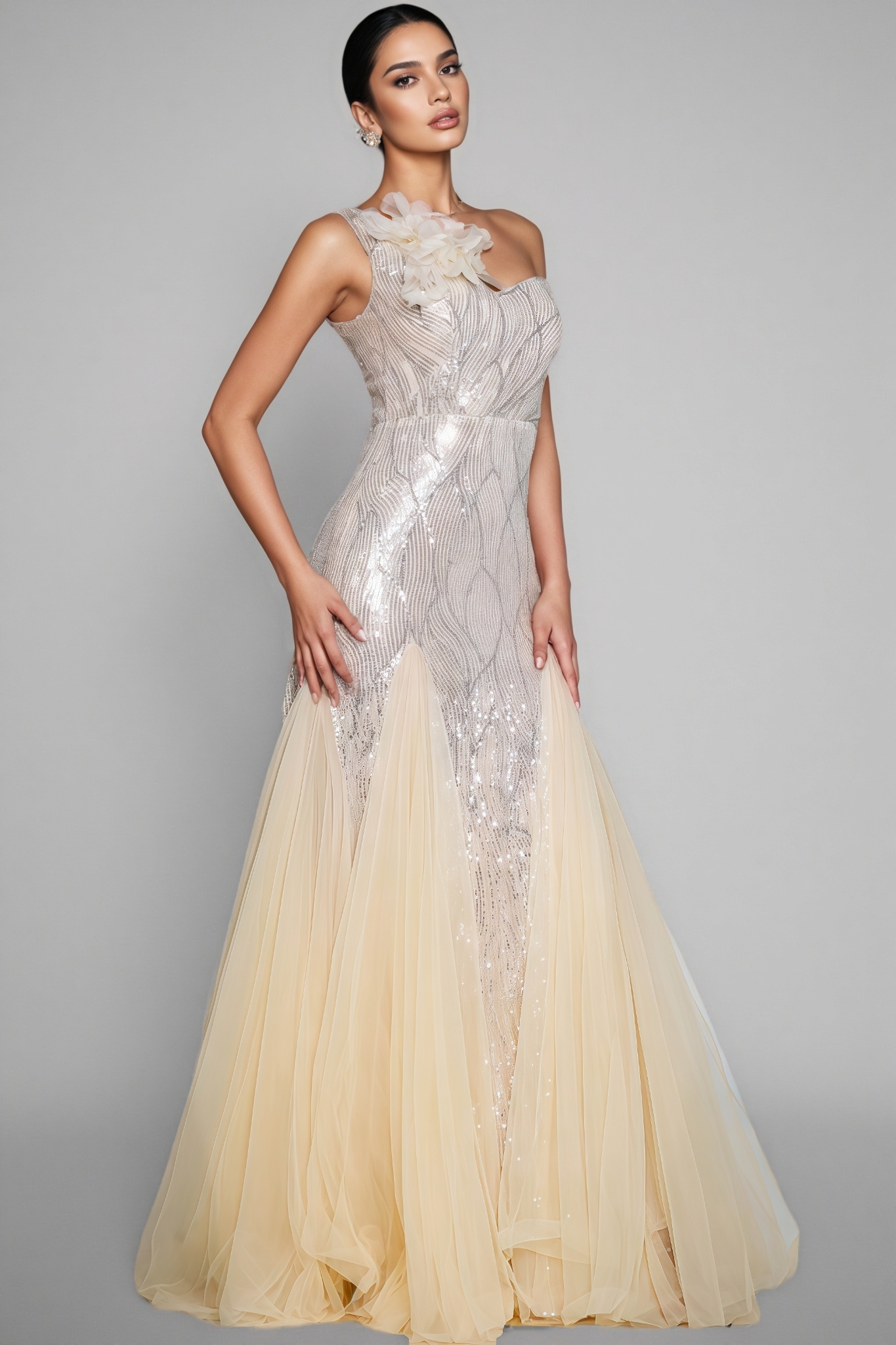 Trevt Single Shoulder Sequined Slit Maxi Dress