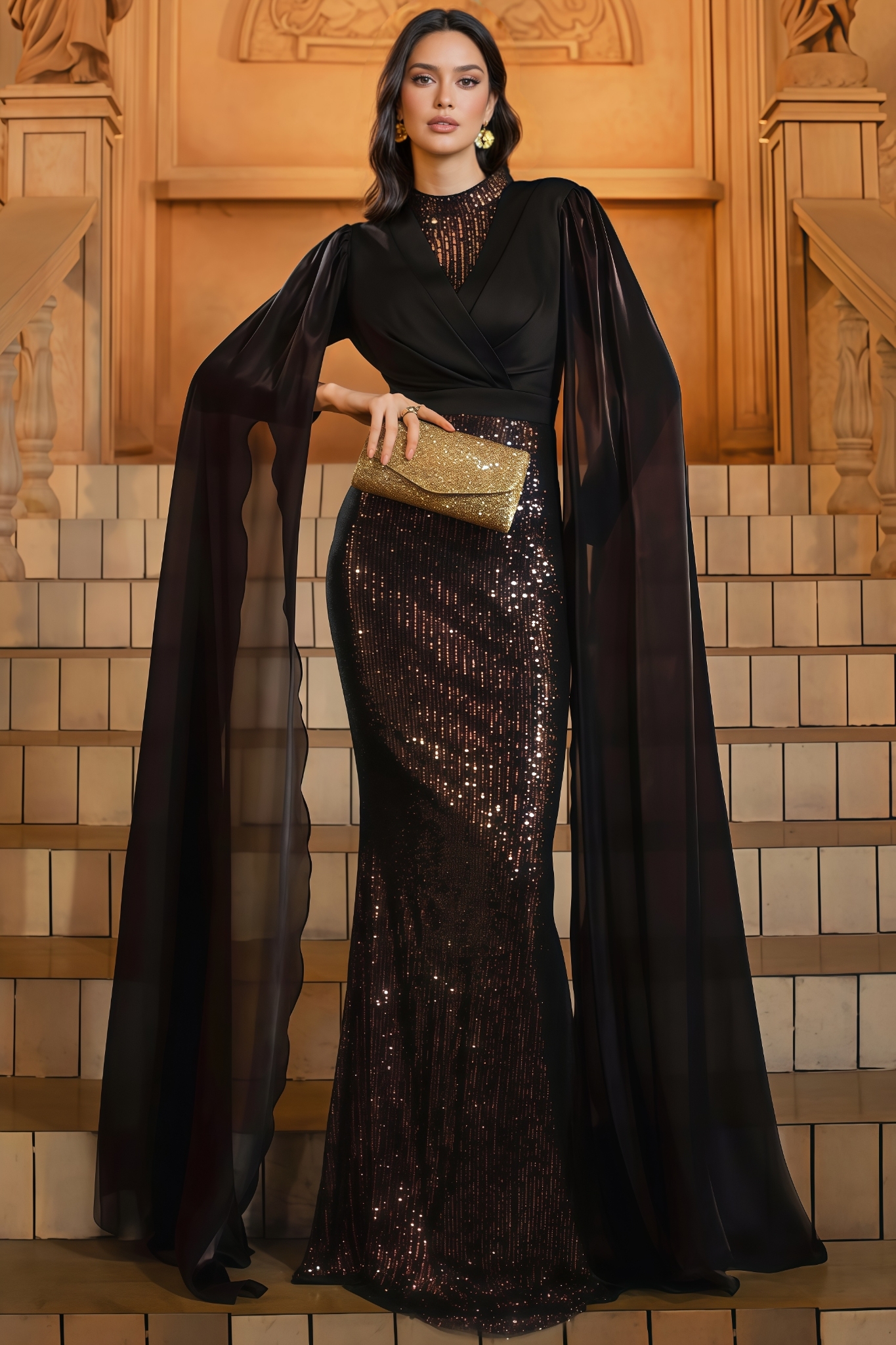 Mirt Black Round Neck Sequin Maxi Dress