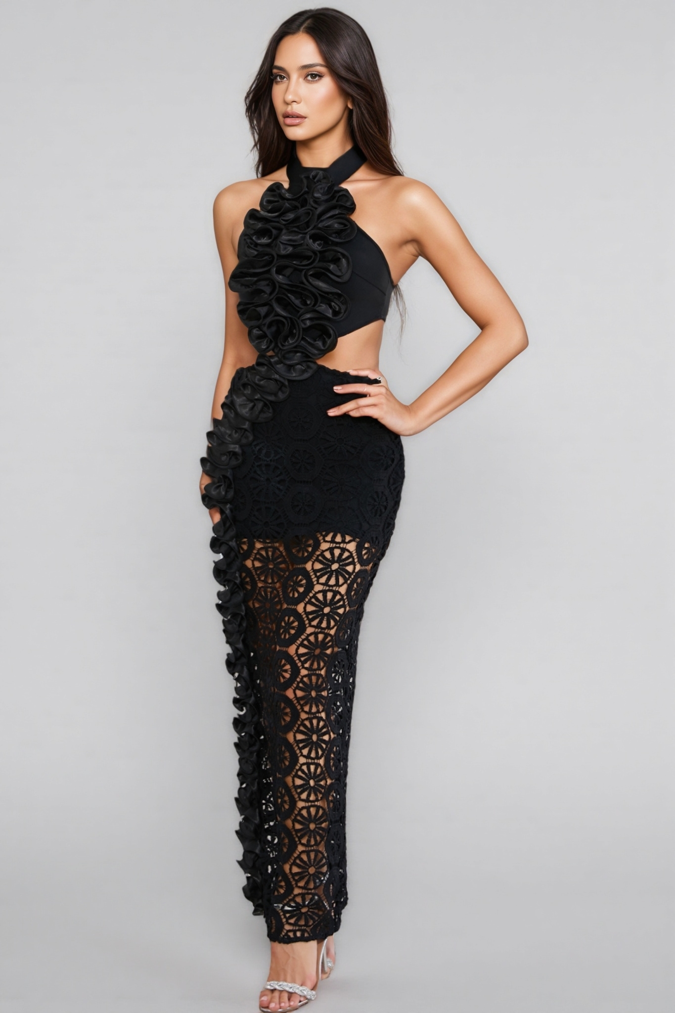 Yanld Black 3D Lace Ruffled Maxi Dress