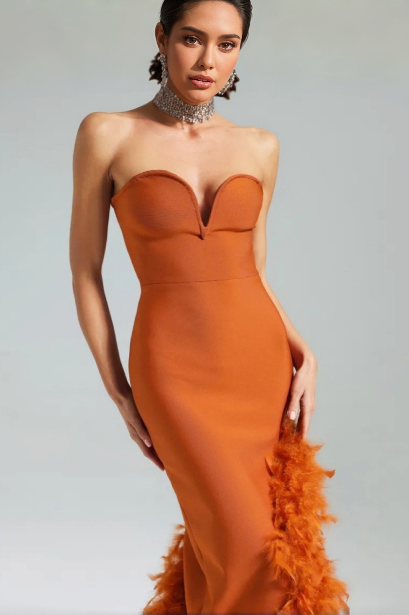 Yeli Feather Slant Hem Bandage Maxi Dress