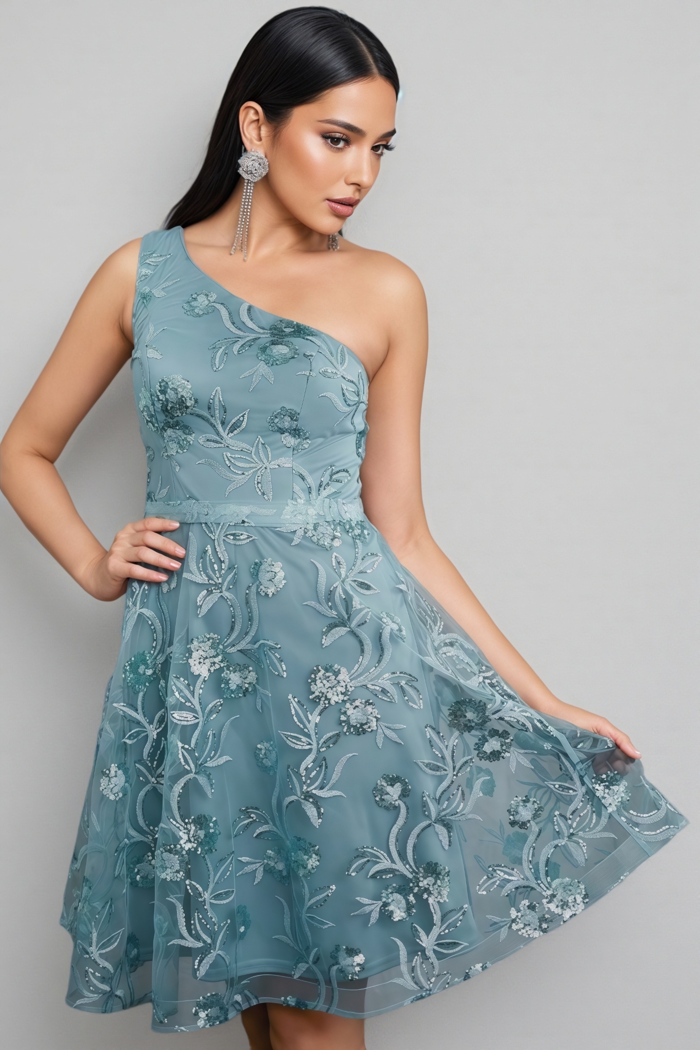 Flinl Green One-Shoulder Mesh Mini Dress