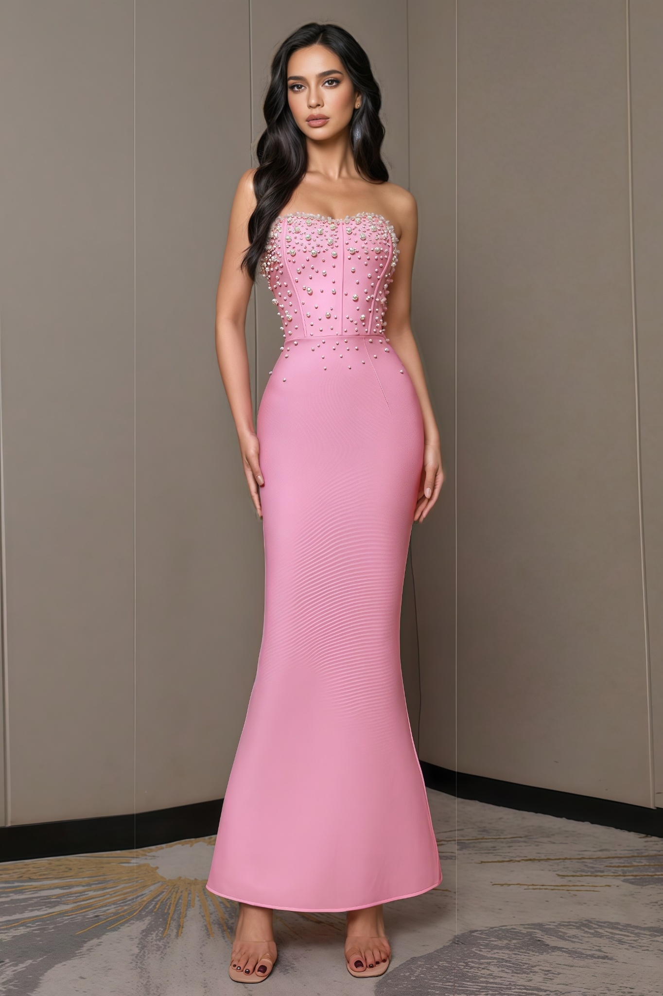 Riza Pink Beaded Bandage Maxi Dress
