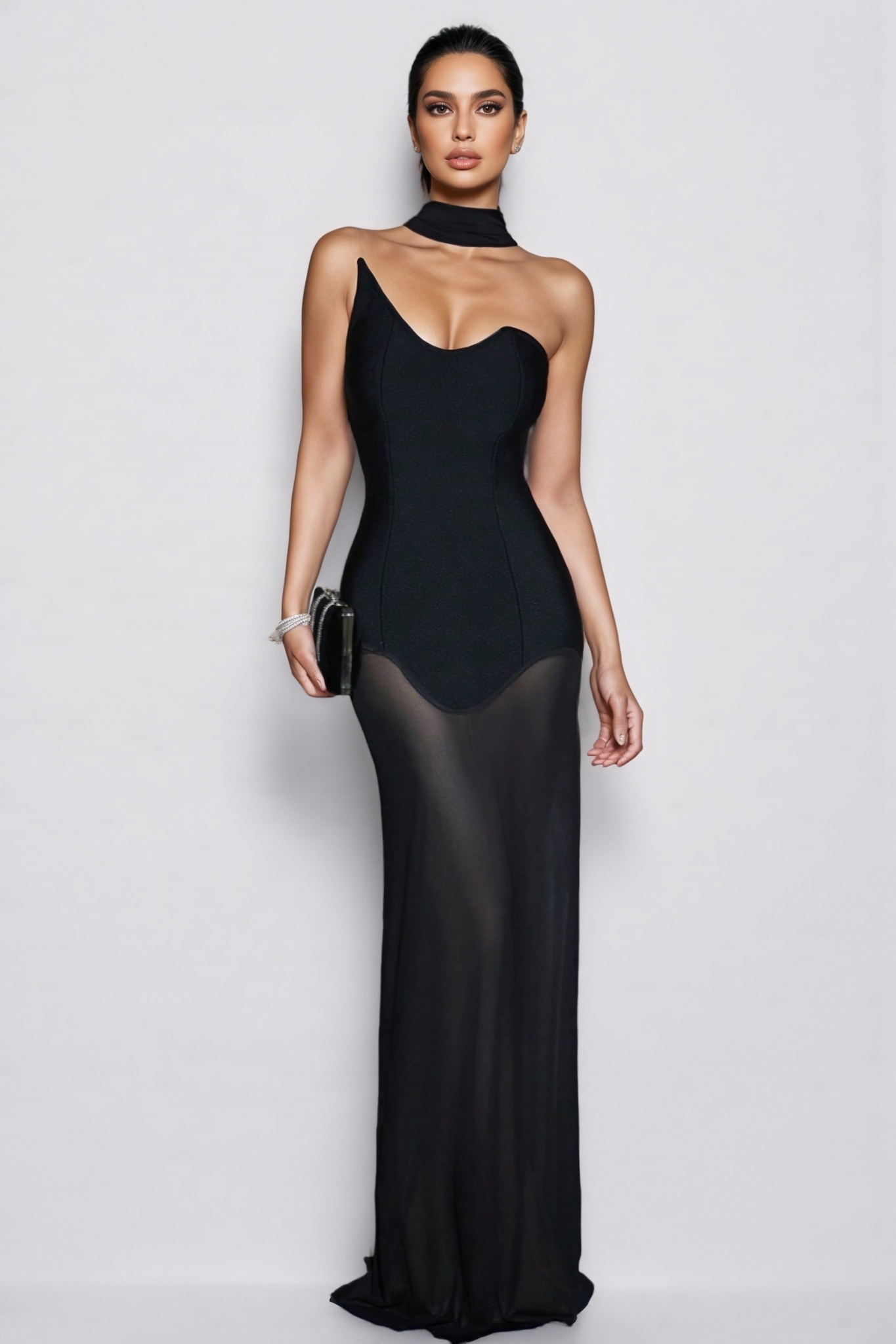 Urselk Black Mesh Bandage Maxi Dress