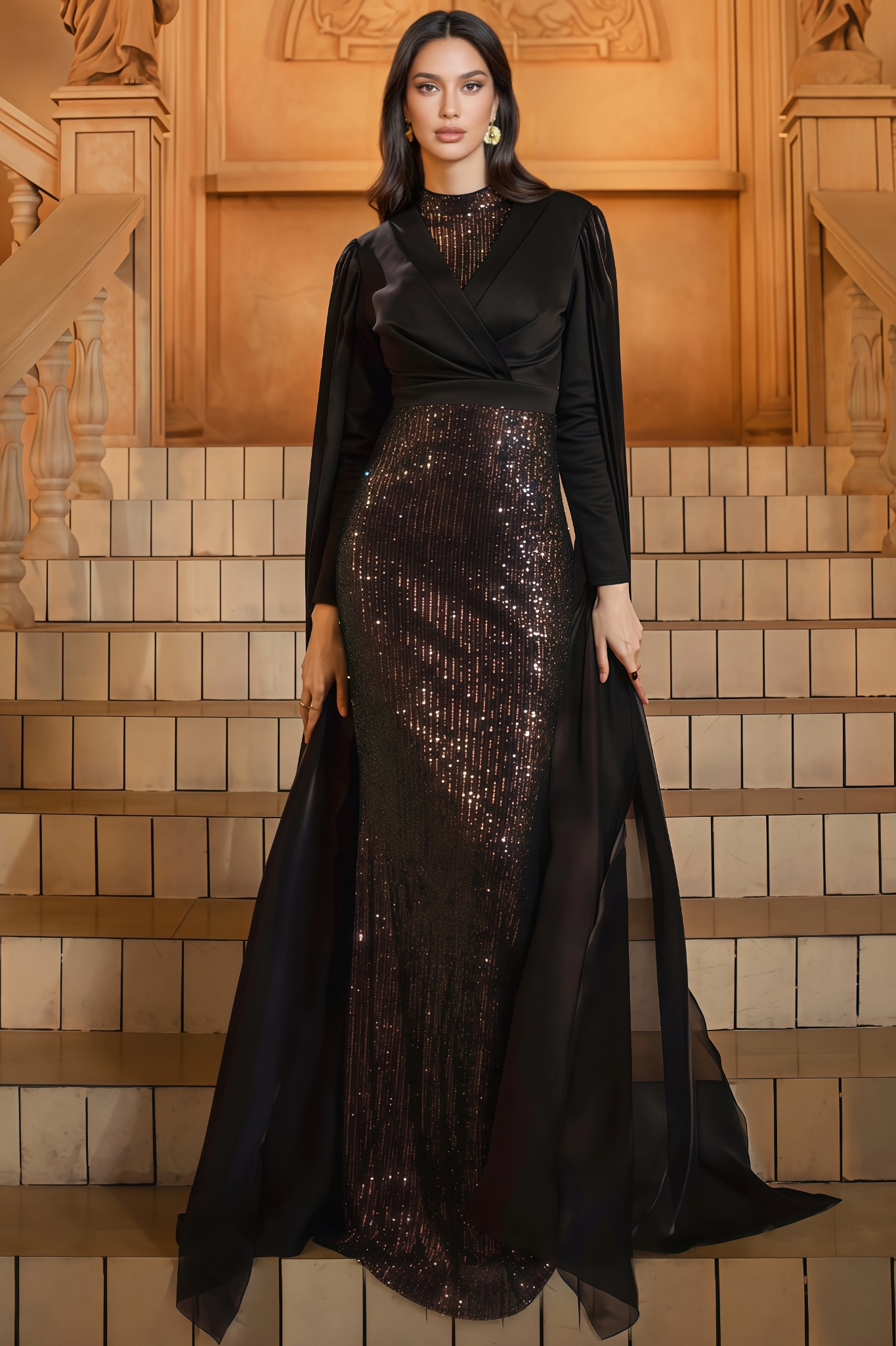 Mirt Black Round Neck Sequin Maxi Dress