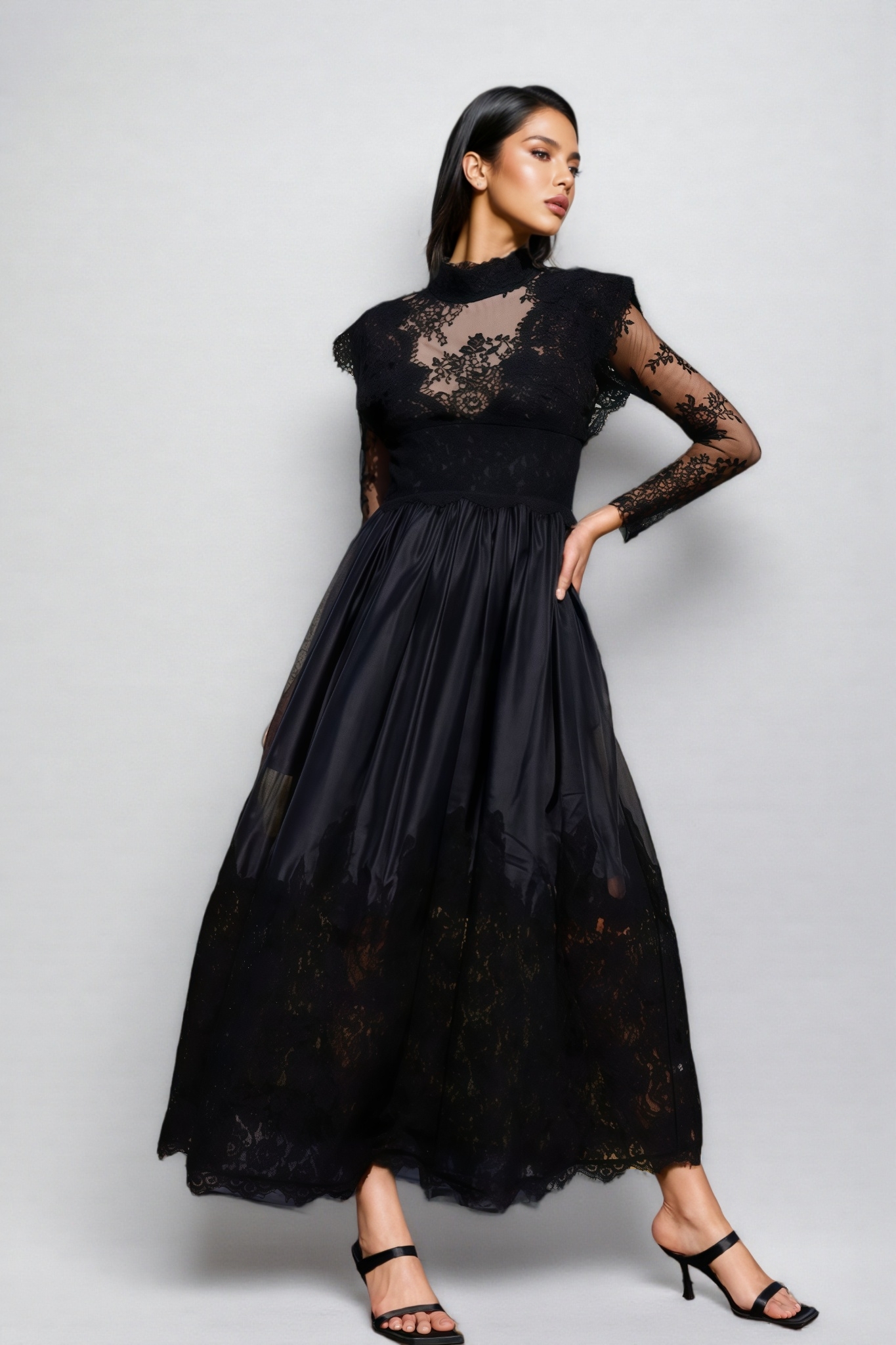 Milda Black Floral Lace Stitching Maxi Dress