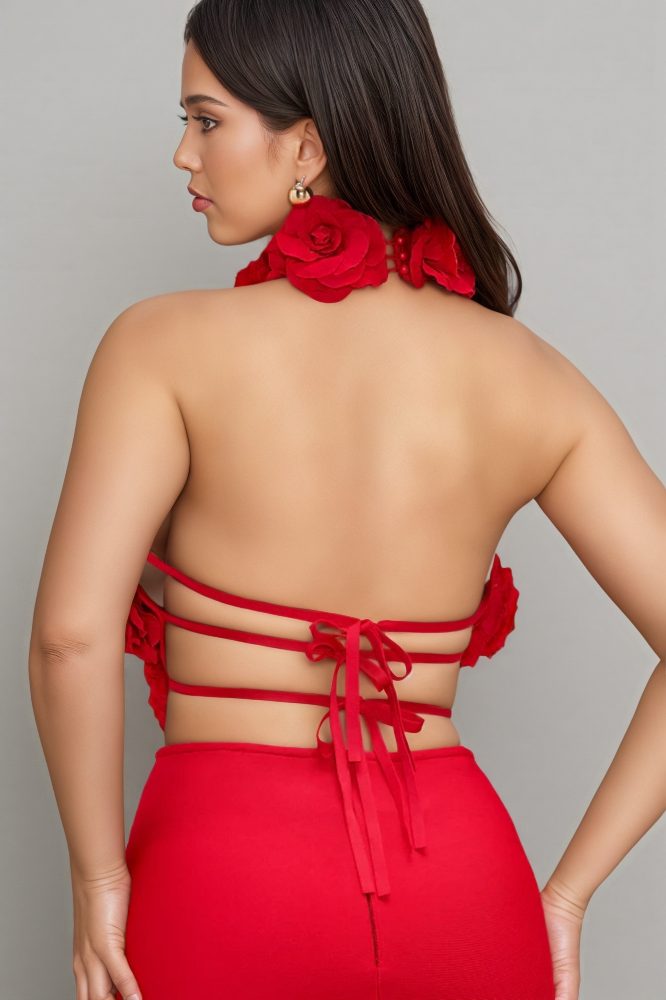 Toven Backless Red Floral Maxi Dress