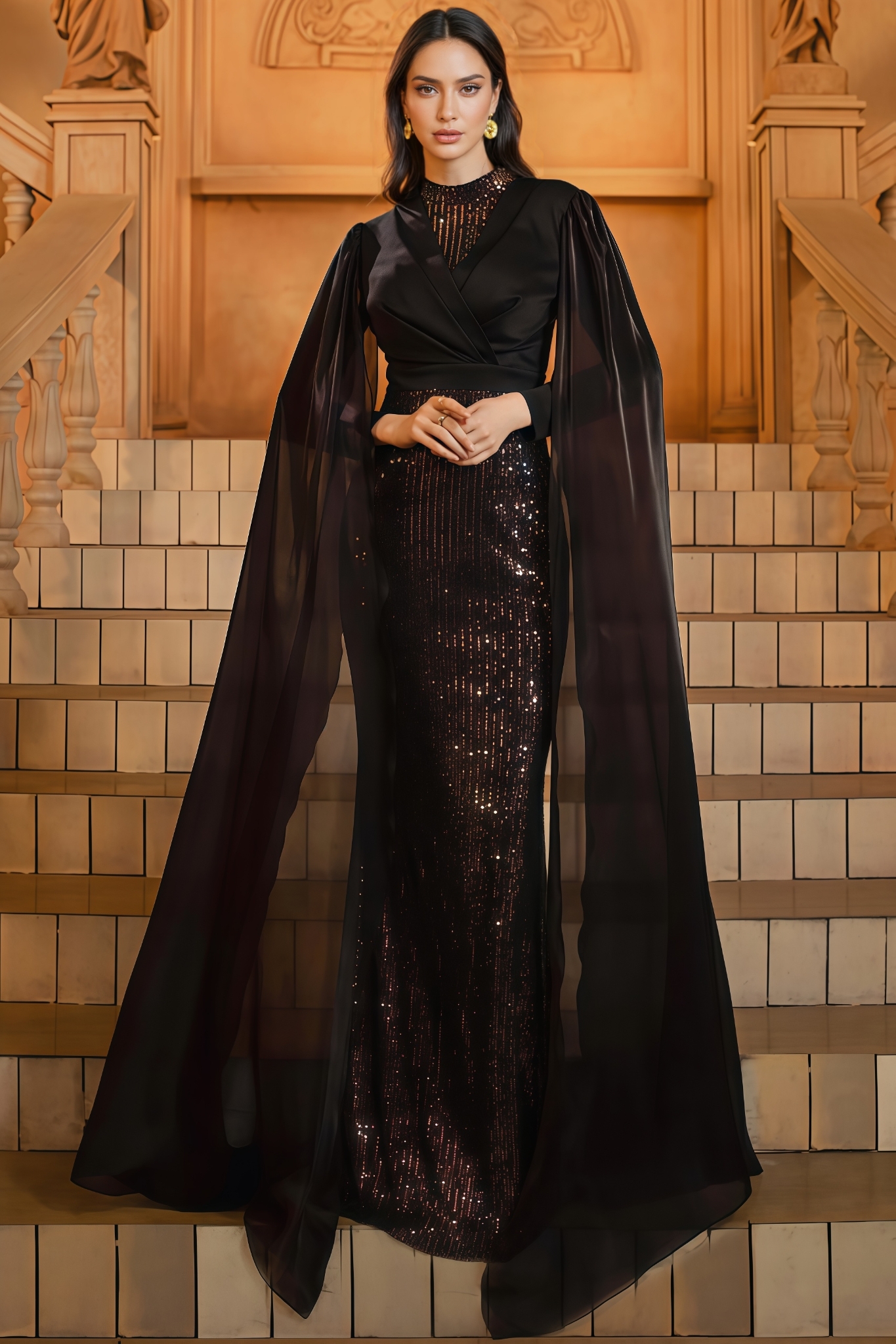 Mirt Black Round Neck Sequin Maxi Dress