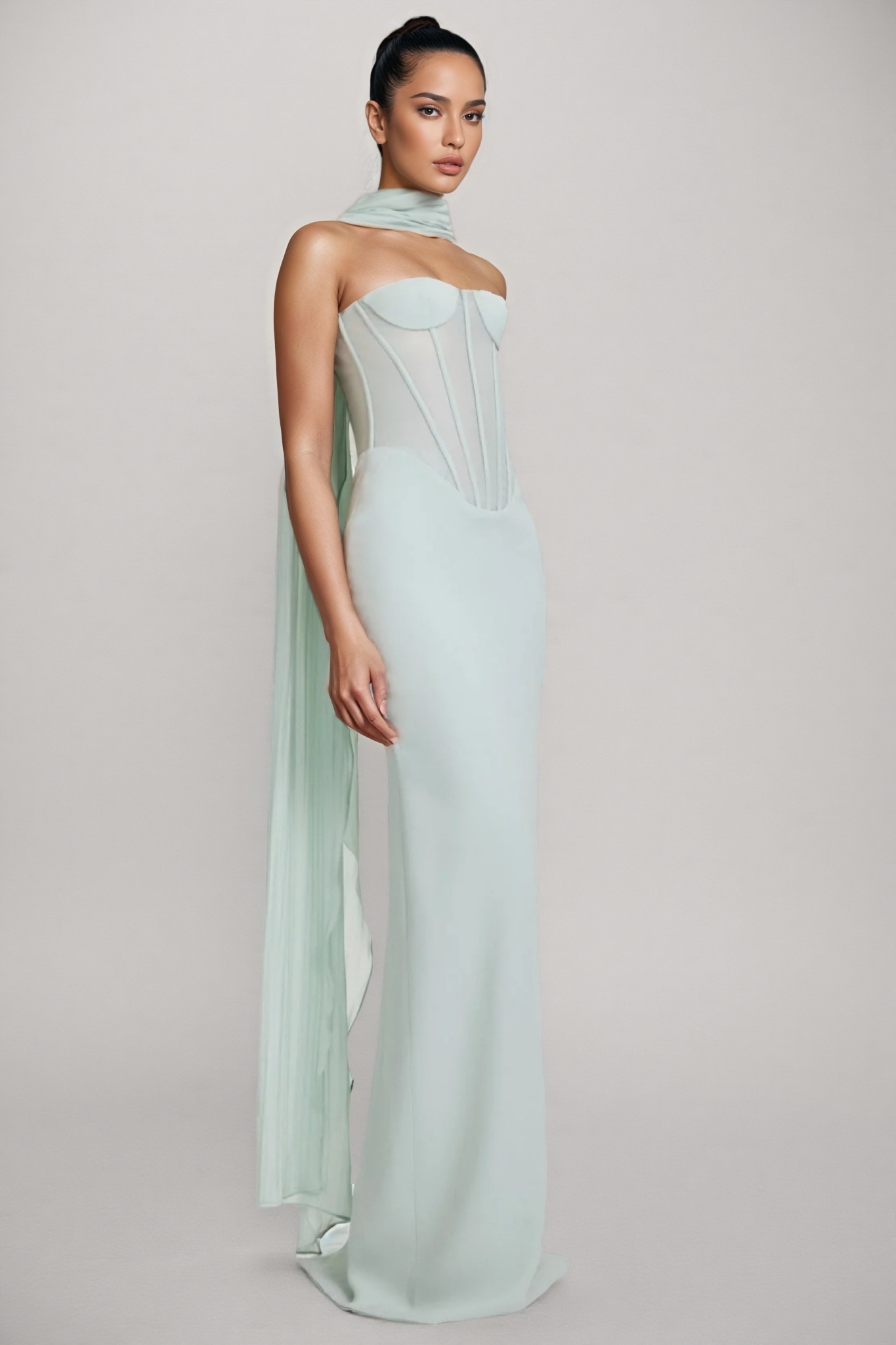 Gened Green Ribbon Sheer Chiffon Maxi Dress