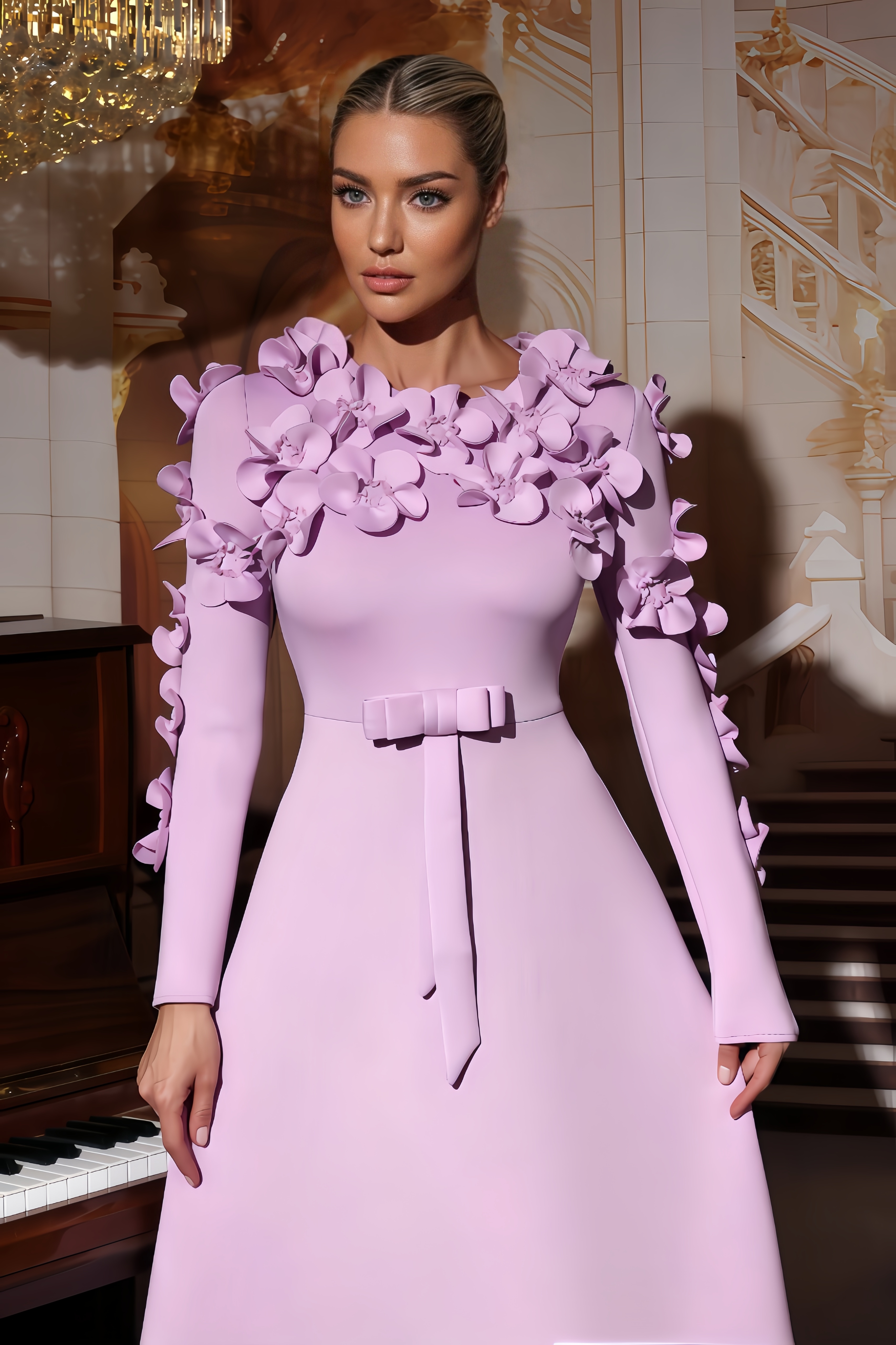 Xiacly 3D Floral Round-Neck Maxi Dress