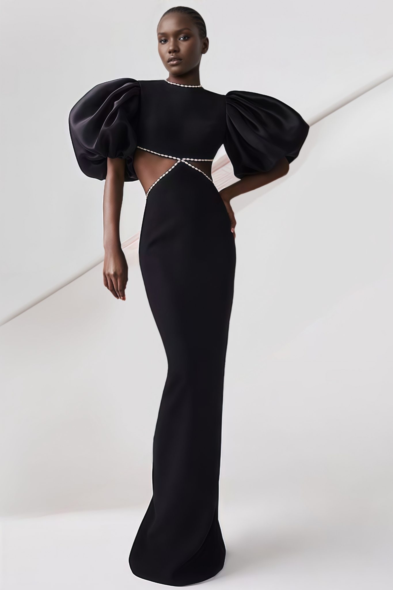 Terefa Backless Bubble Sleeve Black Maxi Dress