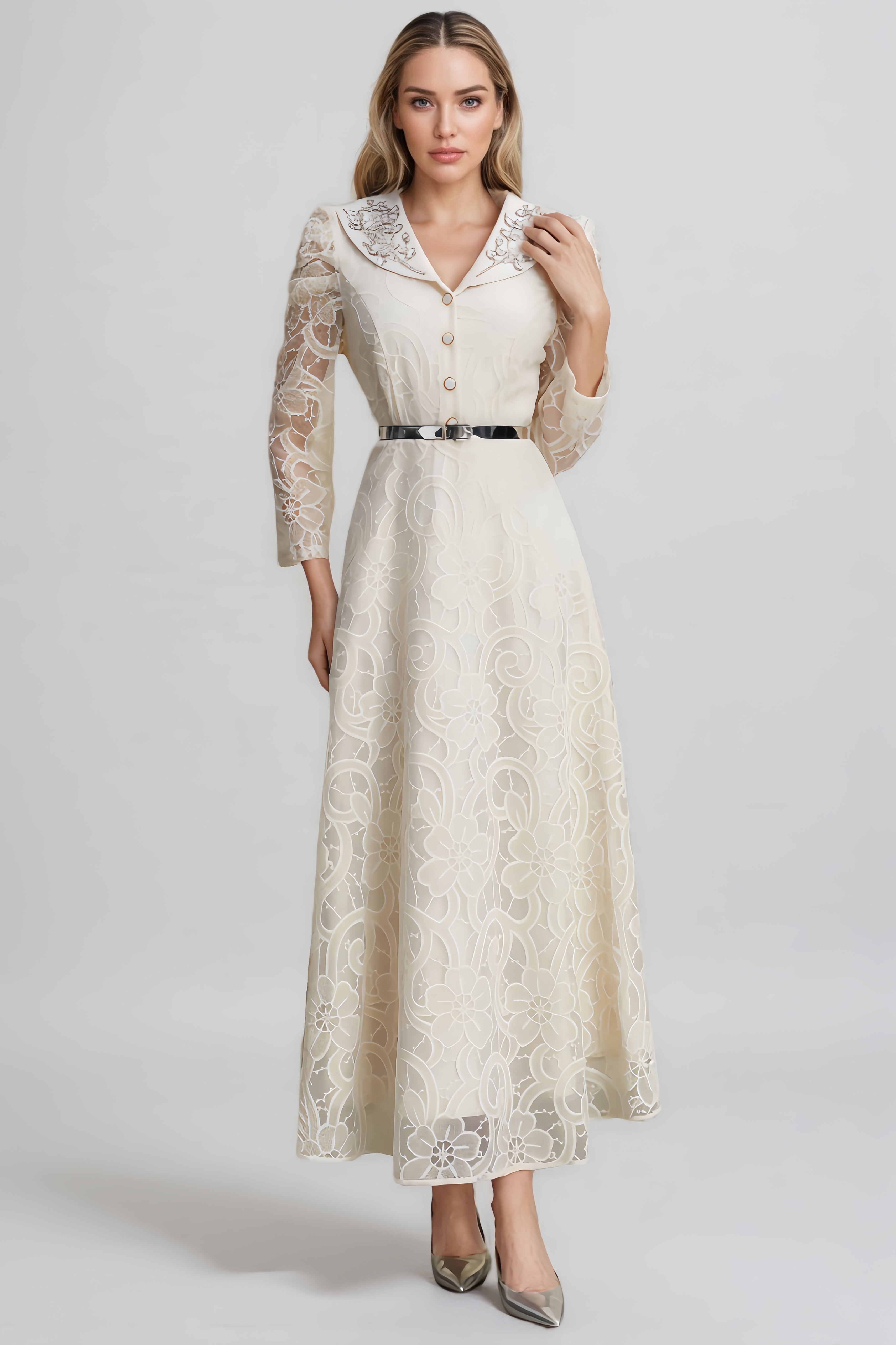 Azurt Diamond-Encrusted Lace Maxi Dress