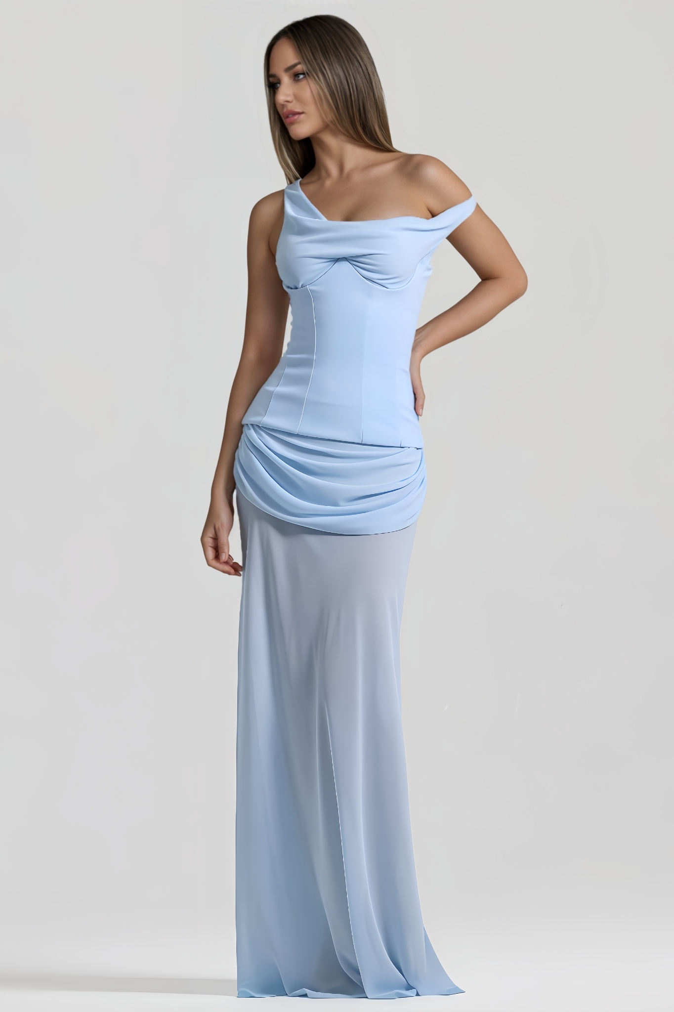 Zoey Slanted-Neck Waist-Cinched Maxi Dress