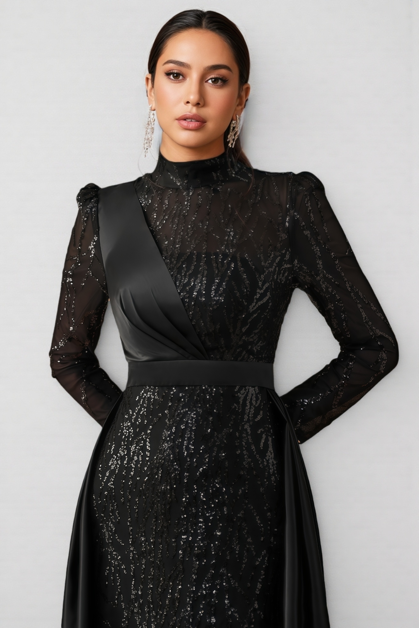 Wenrey Sequin Satin Long-sleeved Cape Gown