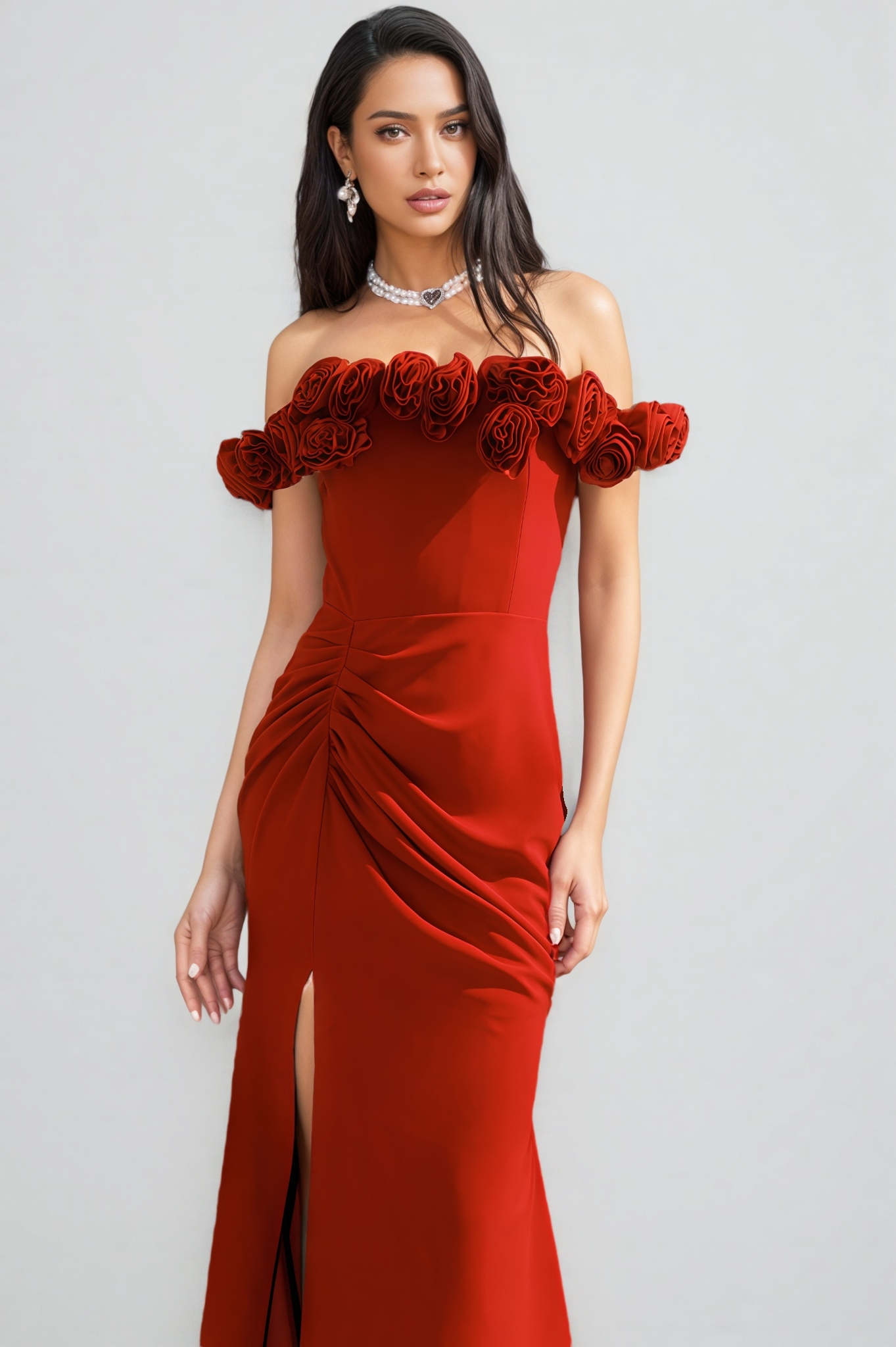 Lorins 3D Floral Red Fishtail Maxi Dress