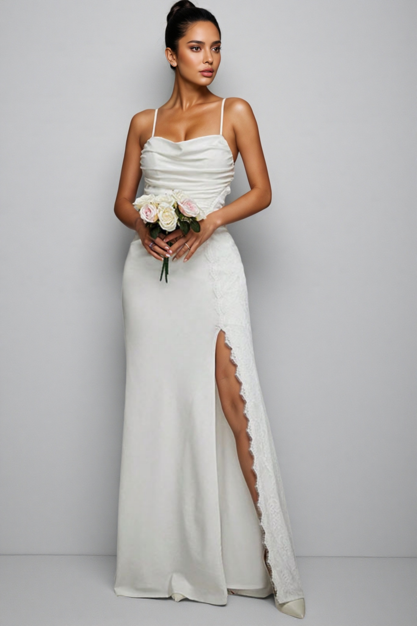 Xila White Split Satin Maxi Dress