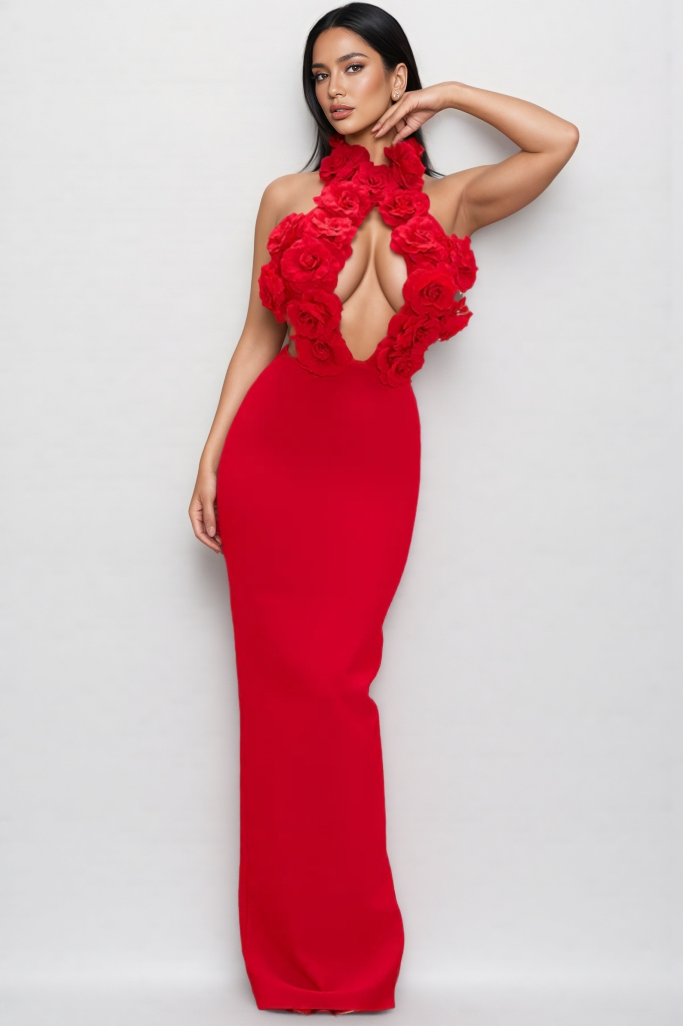 Toven Backless Red Floral Maxi Dress