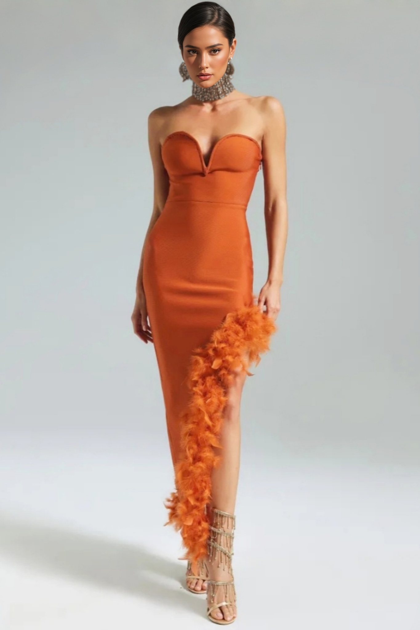 Yeli Feather Slant Hem Bandage Maxi Dress
